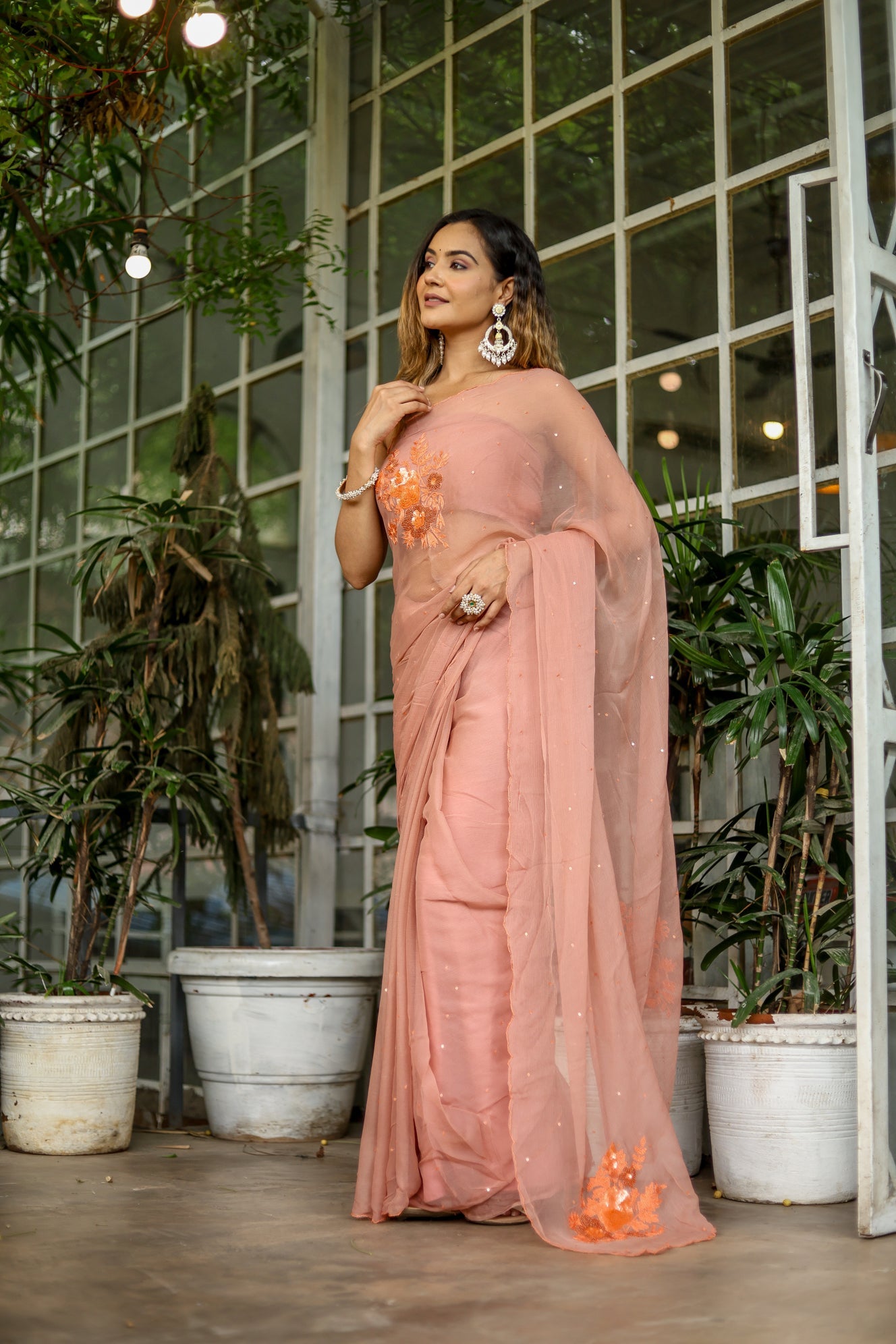 Enchanting Peach Chiffon Hand Embroidered Saree Nature Inspired