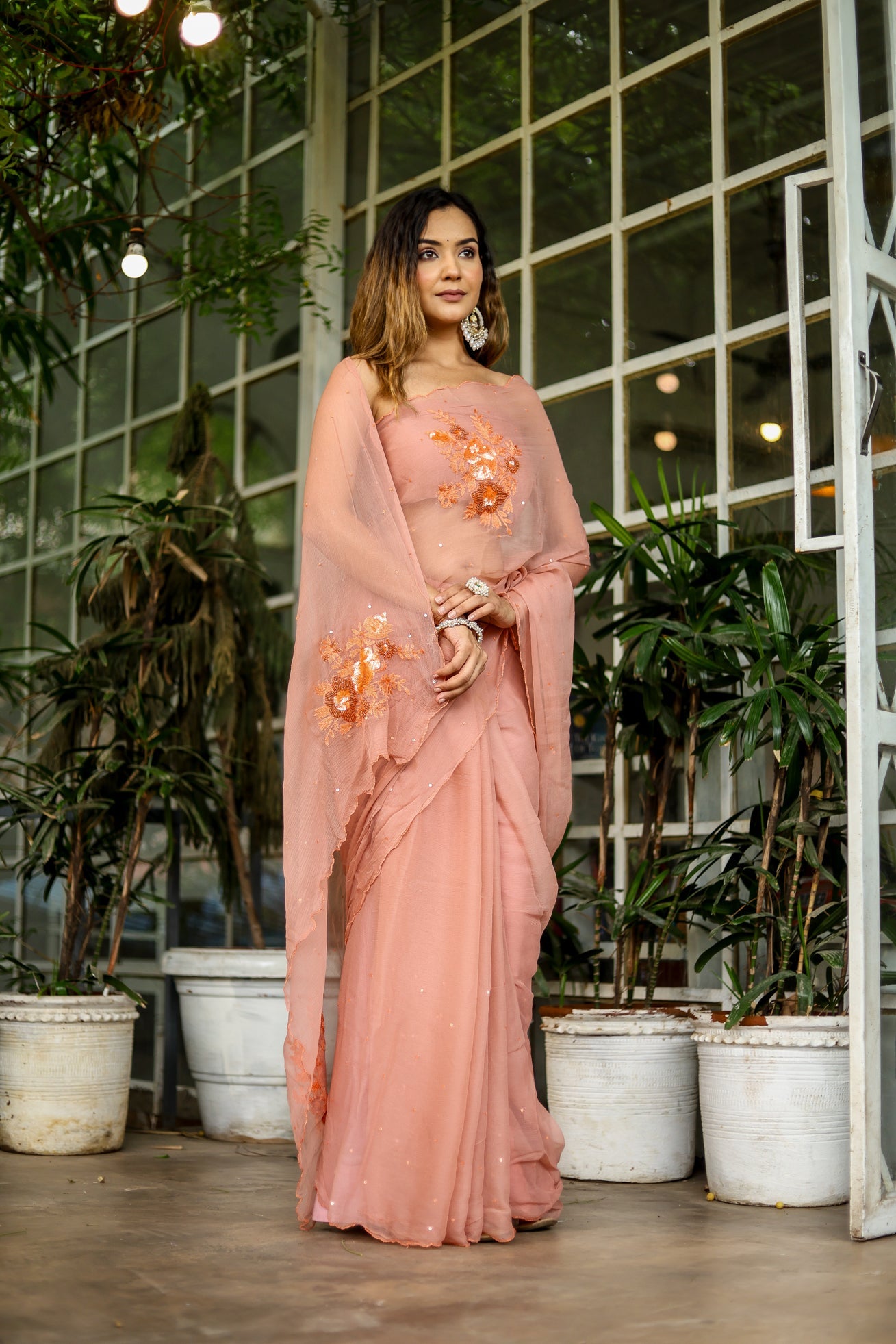 Enchanting Peach Chiffon Hand Embroidered Saree Nature Inspired