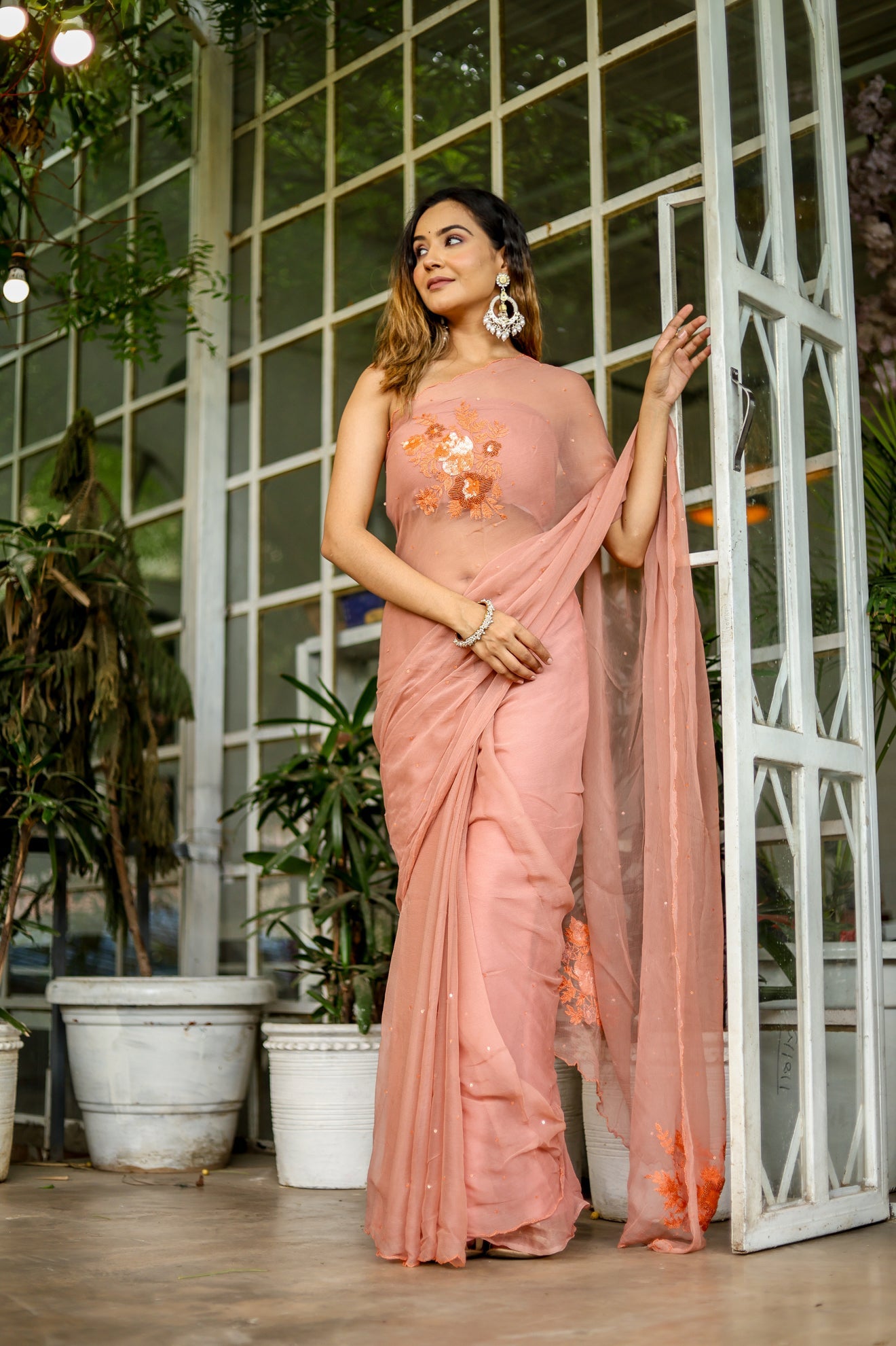 Enchanting Peach Chiffon Hand Embroidered Saree Nature Inspired