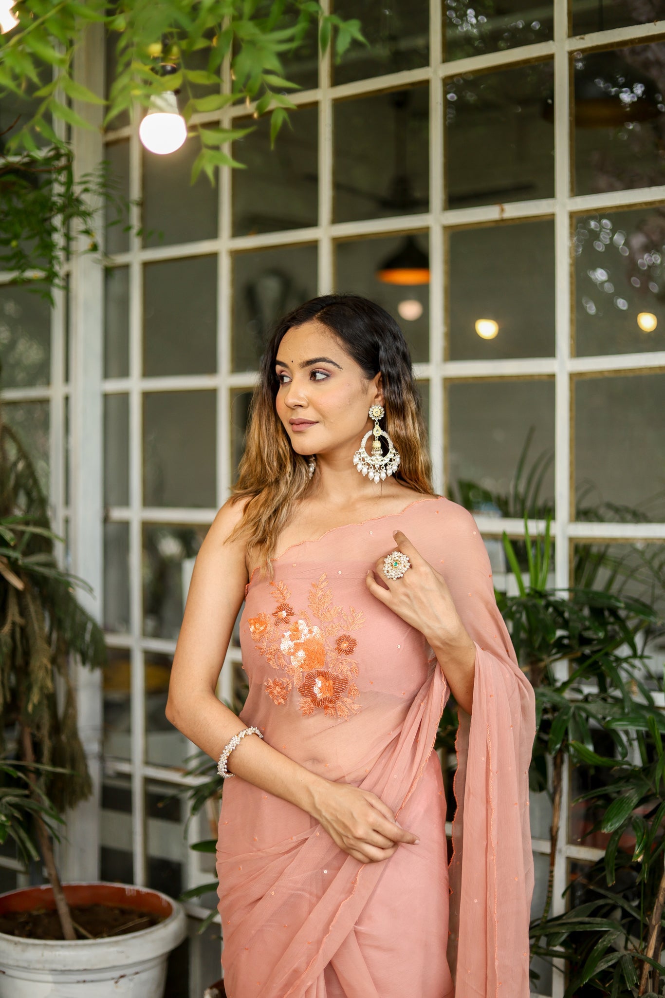 Enchanting Peach Chiffon Hand Embroidered Saree Nature Inspired