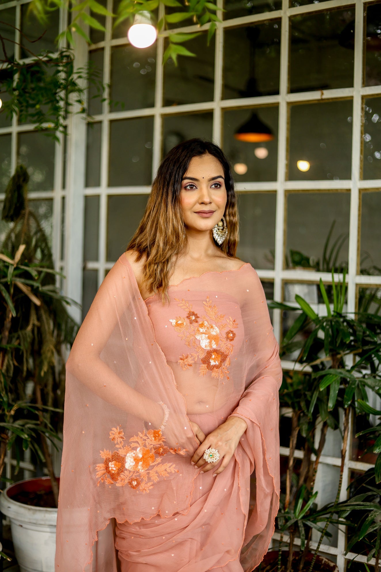 Enchanting Peach Chiffon Hand Embroidered Saree Nature Inspired