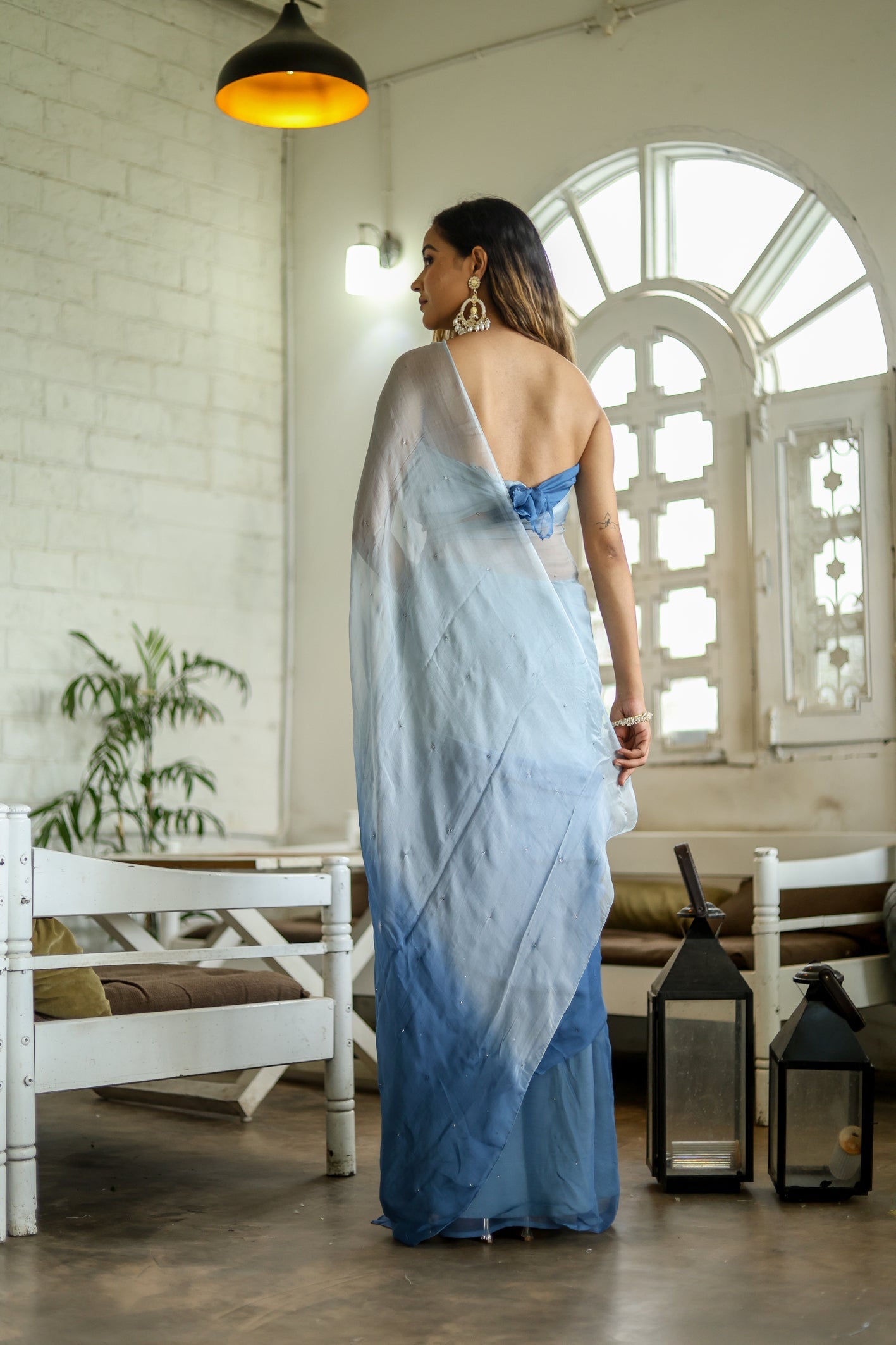 Dazzling Blue Shaded Chiffon Saree Sequins Handwork