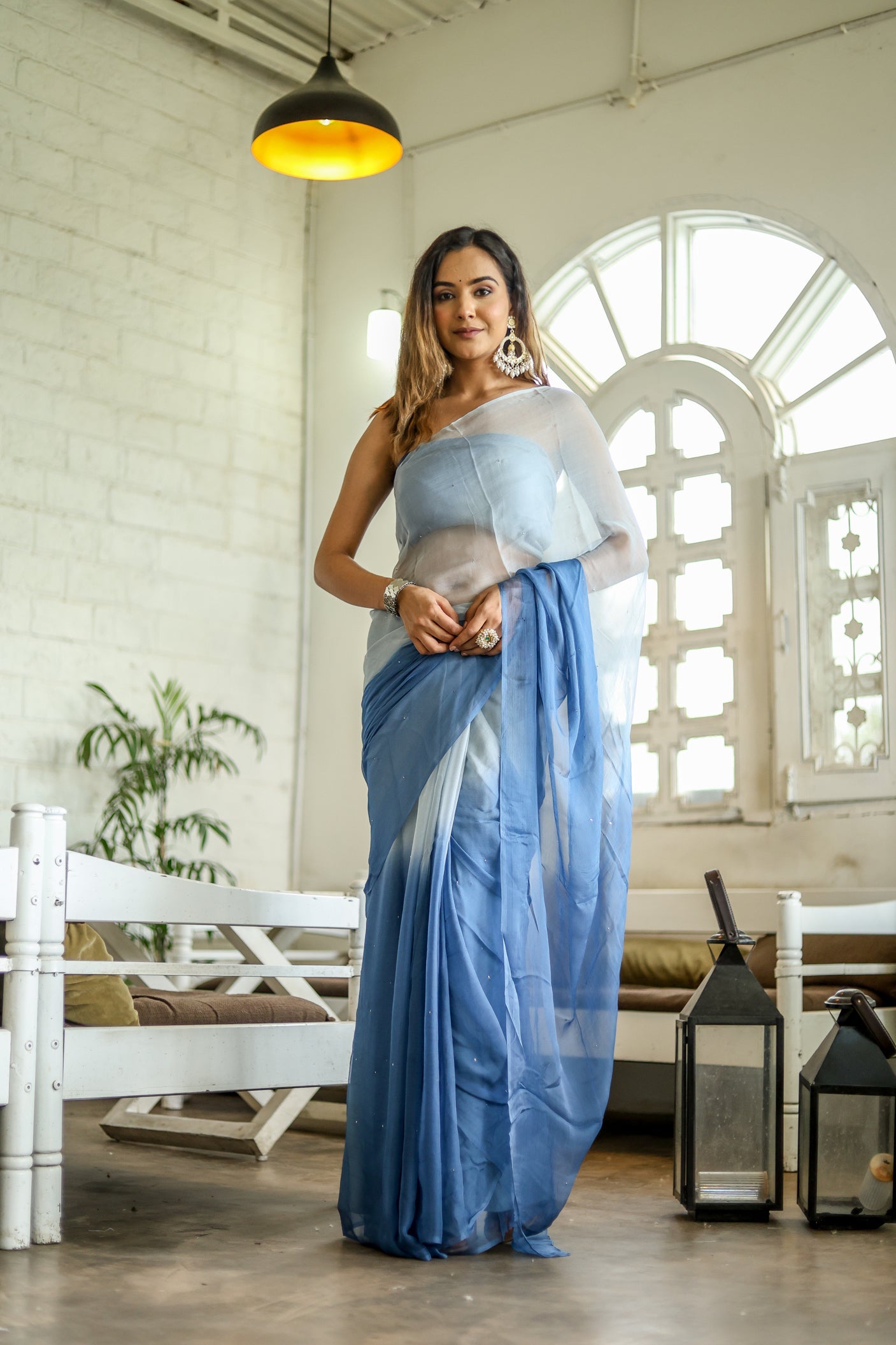Dazzling Blue Shaded Chiffon Saree Sequins Handwork