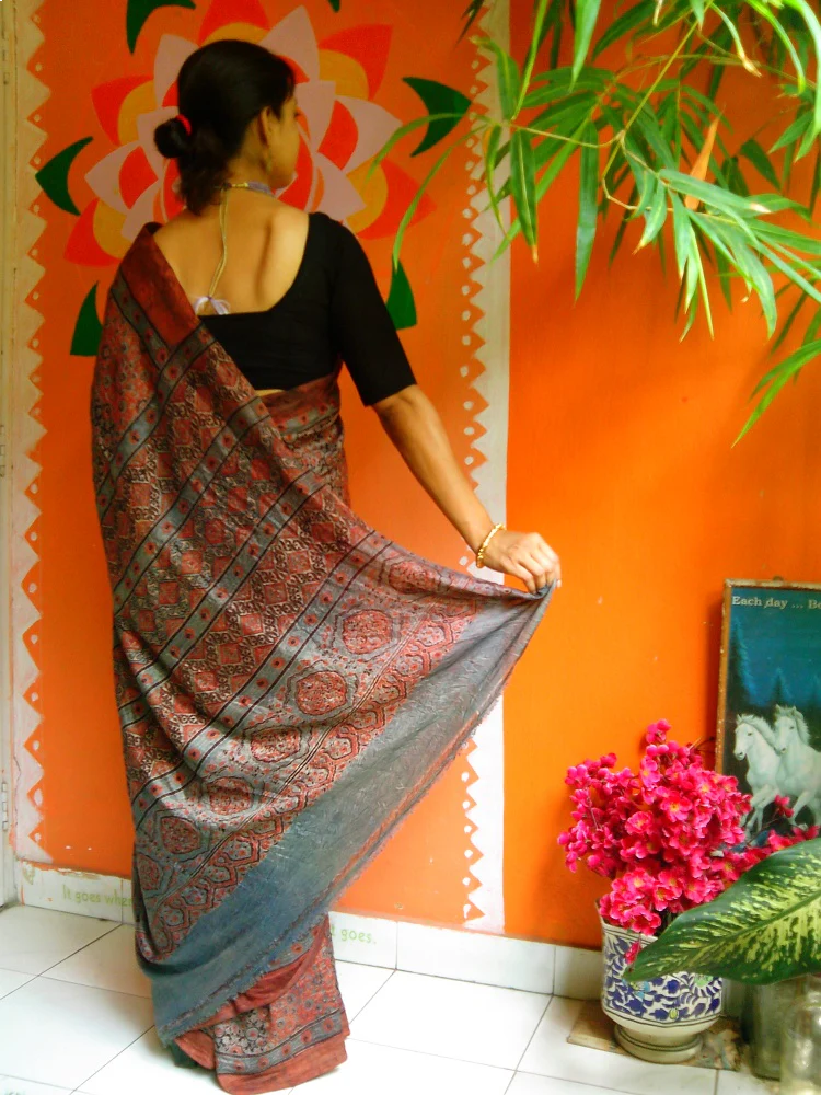 Rust Orange Indigo Blue Mulberry Silk Ajrakh Handblock Saree Nature