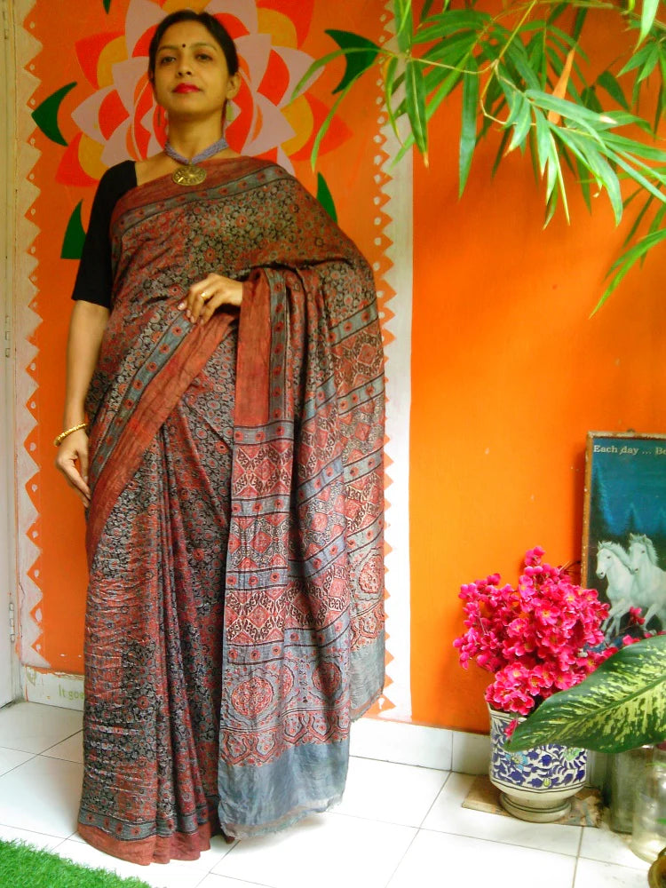 Rust Orange Indigo Blue Mulberry Silk Ajrakh Handblock Saree Nature