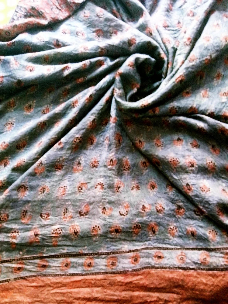 Rust Orange Indigo Blue Mulberry Silk Ajrakh Handblock Saree Nature