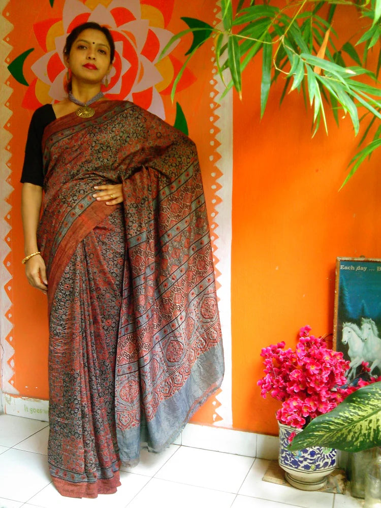 Rust Orange Indigo Blue Mulberry Silk Ajrakh Handblock Saree Nature