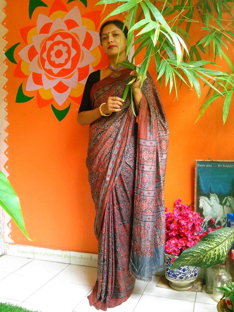 Rust Orange Indigo Blue Mulberry Silk Ajrakh Handblock Saree Nature