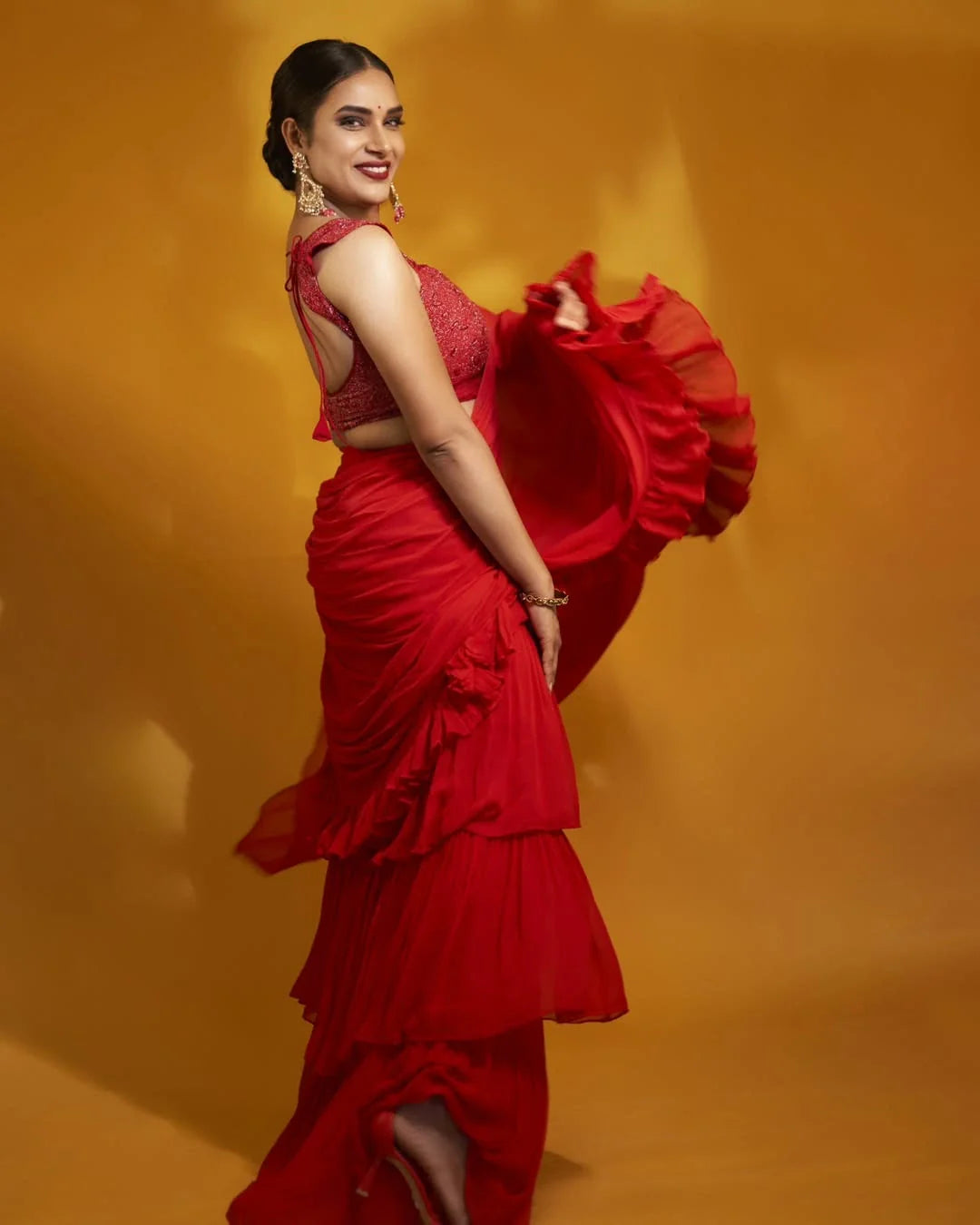 Mesmerizing Red Brown Crimson Georgette Ruffle Saree Katdana Embroidery
