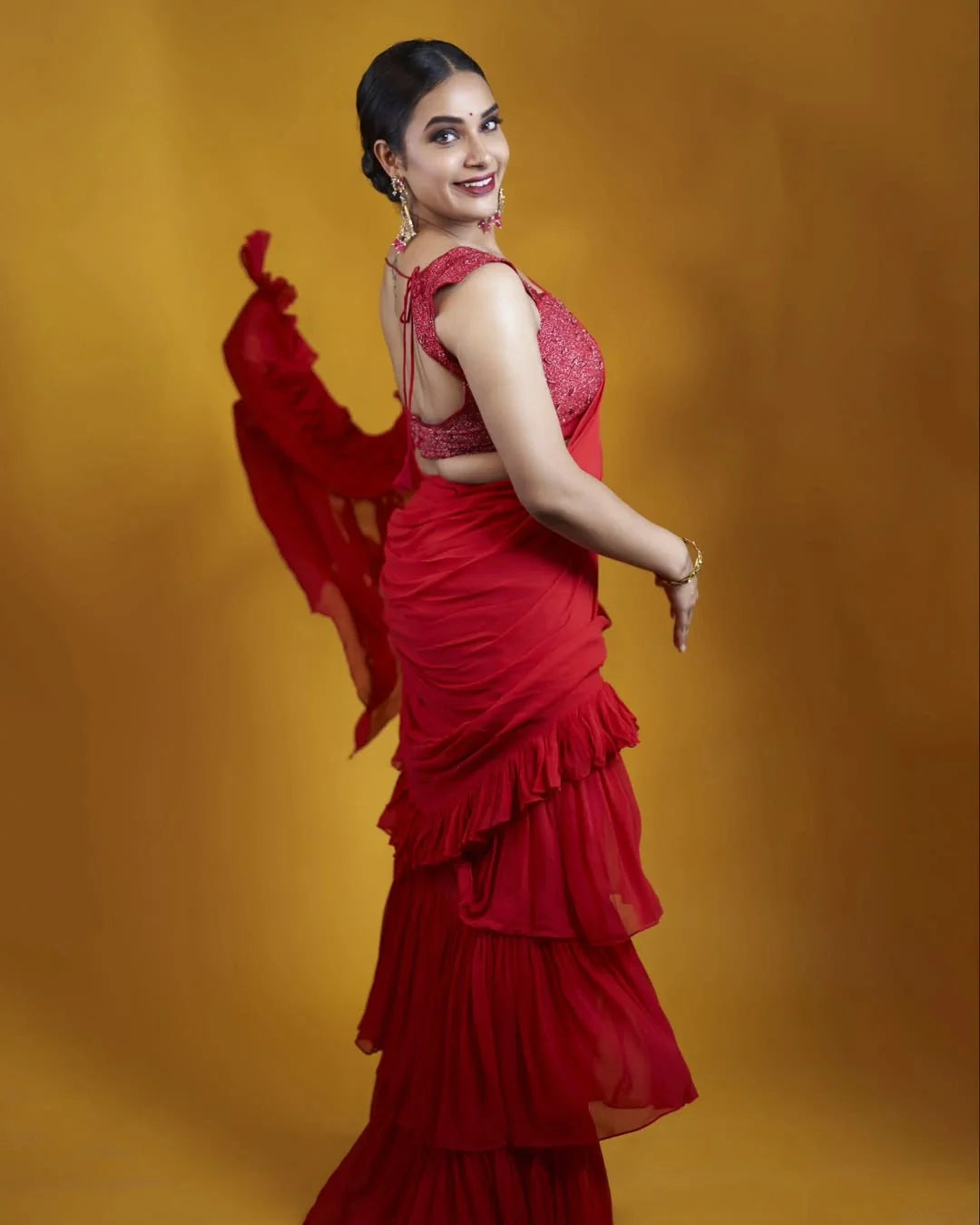 Mesmerizing Red Brown Crimson Georgette Ruffle Saree Katdana Embroidery