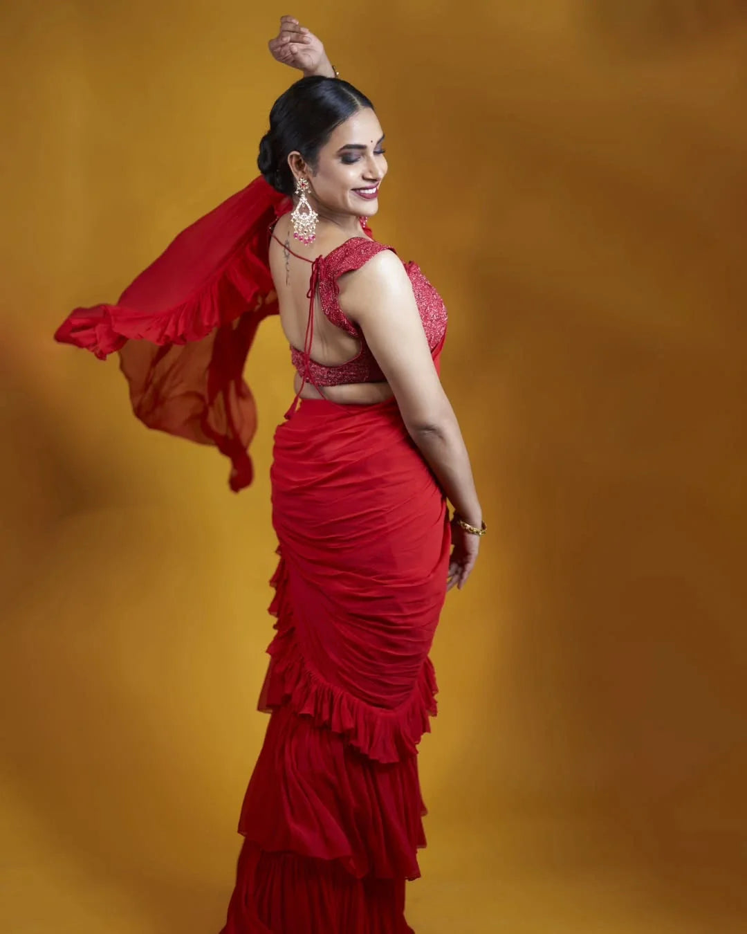 Mesmerizing Red Brown Crimson Georgette Ruffle Saree Katdana Embroidery