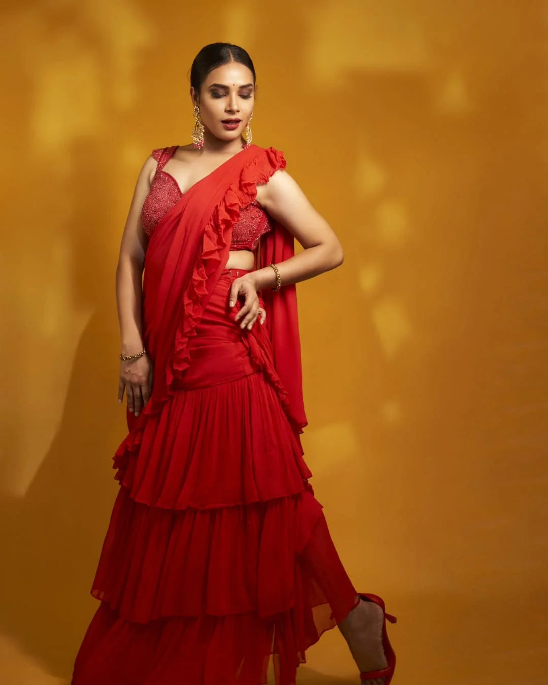 Mesmerizing Red Brown Crimson Georgette Ruffle Saree Katdana Embroidery