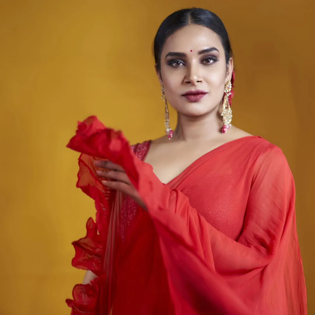 Mesmerizing Red Brown Crimson Georgette Ruffle Saree Katdana Embroidery