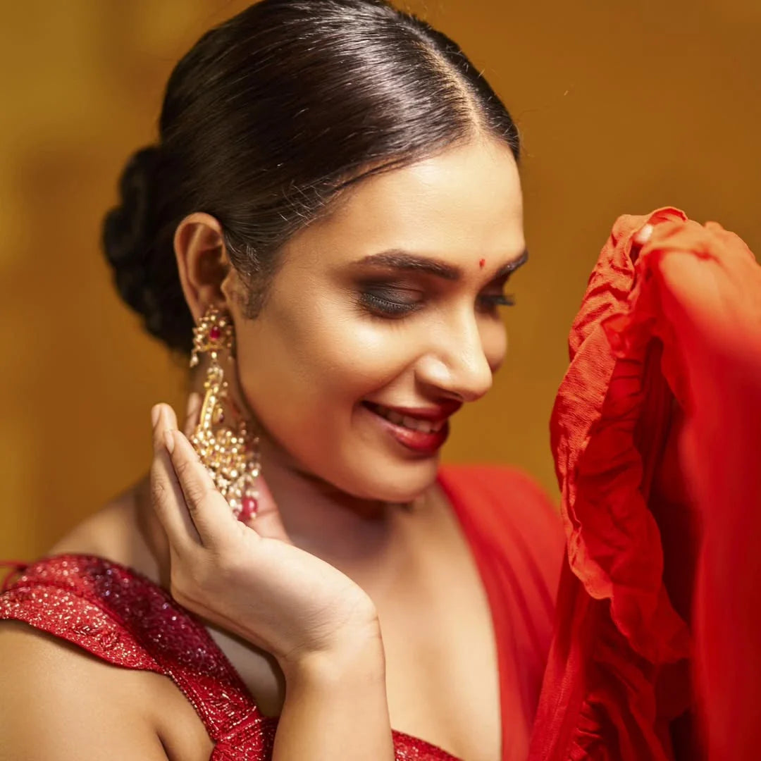Mesmerizing Red Brown Crimson Georgette Ruffle Saree Katdana Embroidery