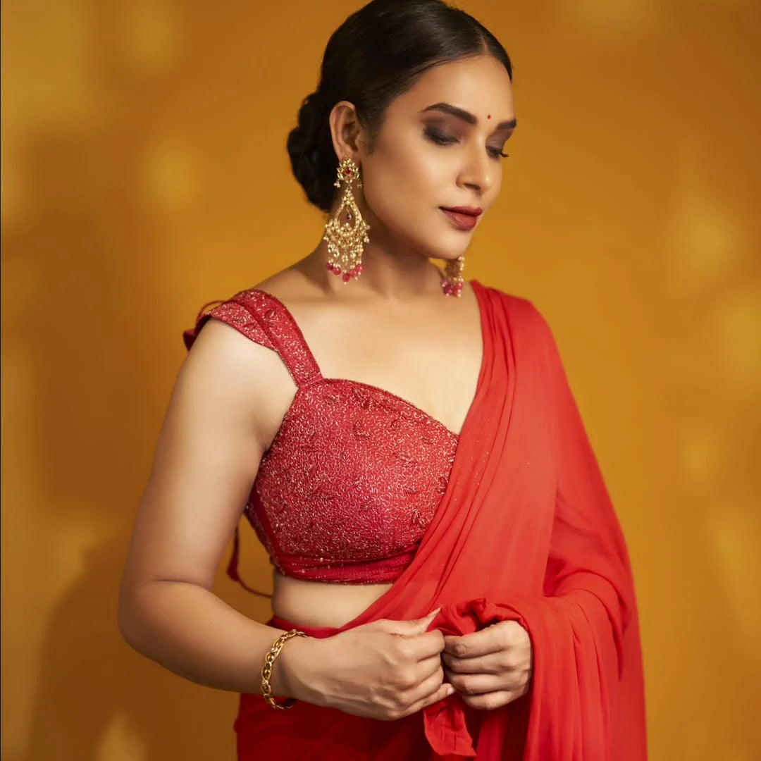 Mesmerizing Red Brown Crimson Georgette Ruffle Saree Katdana Embroidery