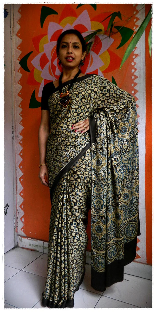 Bark Yellow Rust Brown Modal Silk Ajrakh Handblock Saree Geometric