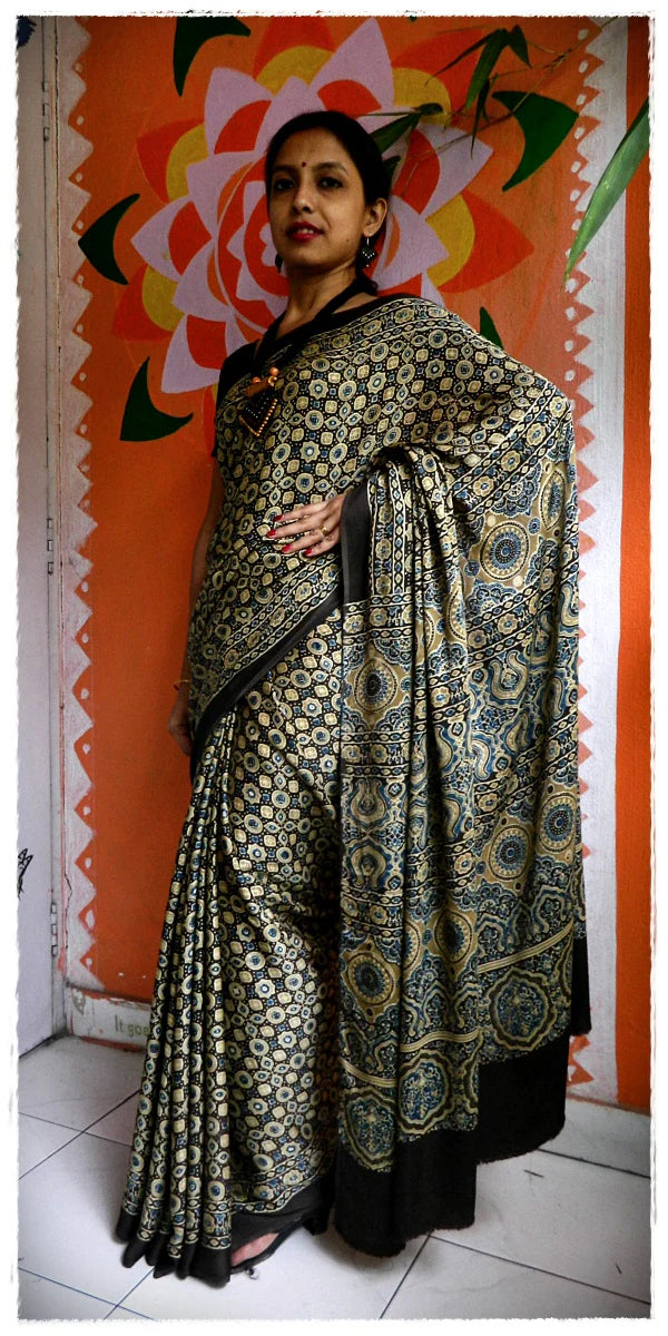 Bark Yellow Rust Brown Modal Silk Ajrakh Handblock Saree Geometric