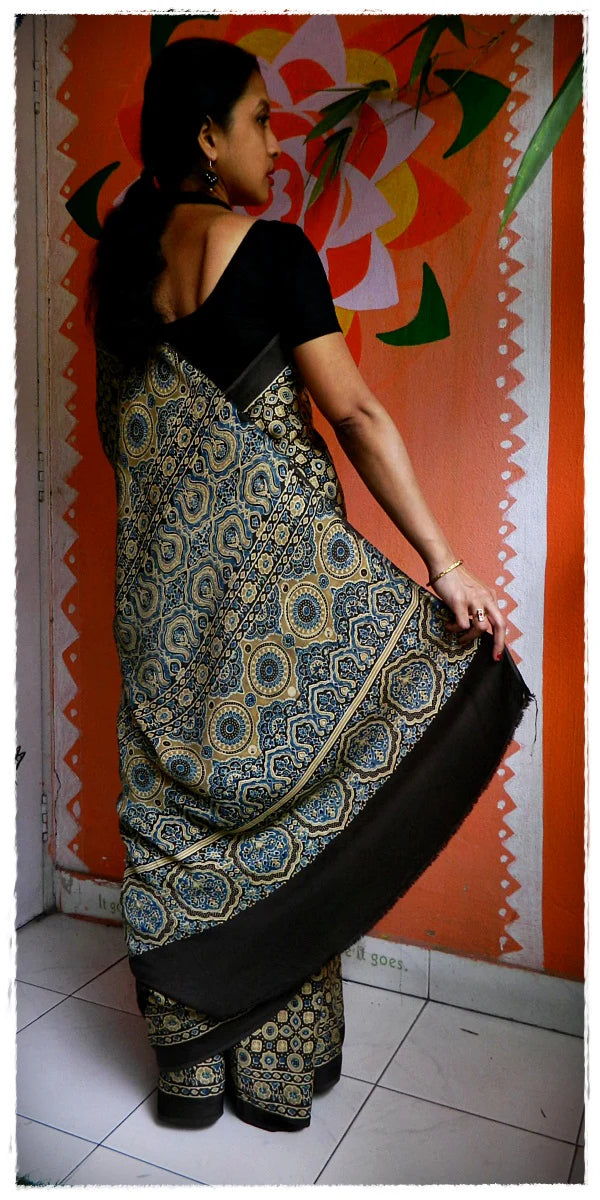 Bark Yellow Rust Brown Modal Silk Ajrakh Handblock Saree Geometric