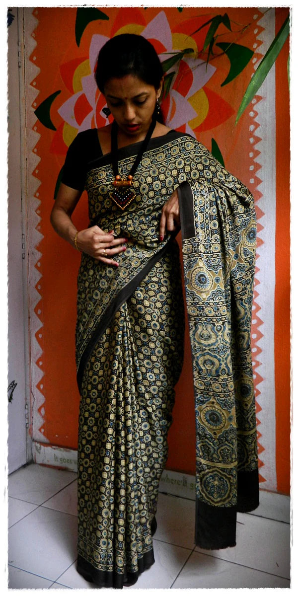 Bark Yellow Rust Brown Modal Silk Ajrakh Handblock Saree Geometric