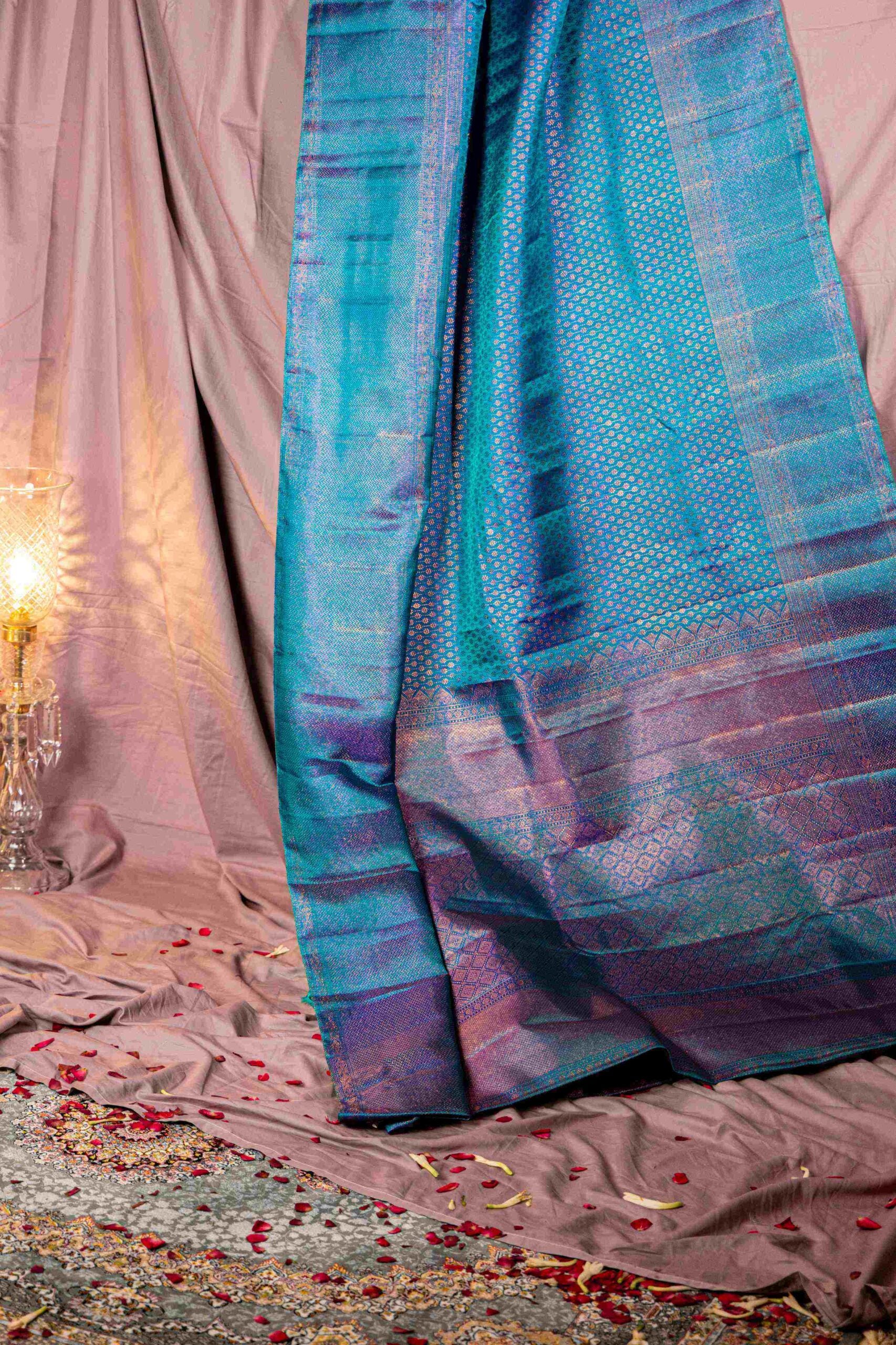 Peacock Green Kanchipuram Silk Saree Rose Gold Zari Weave Regal Charm