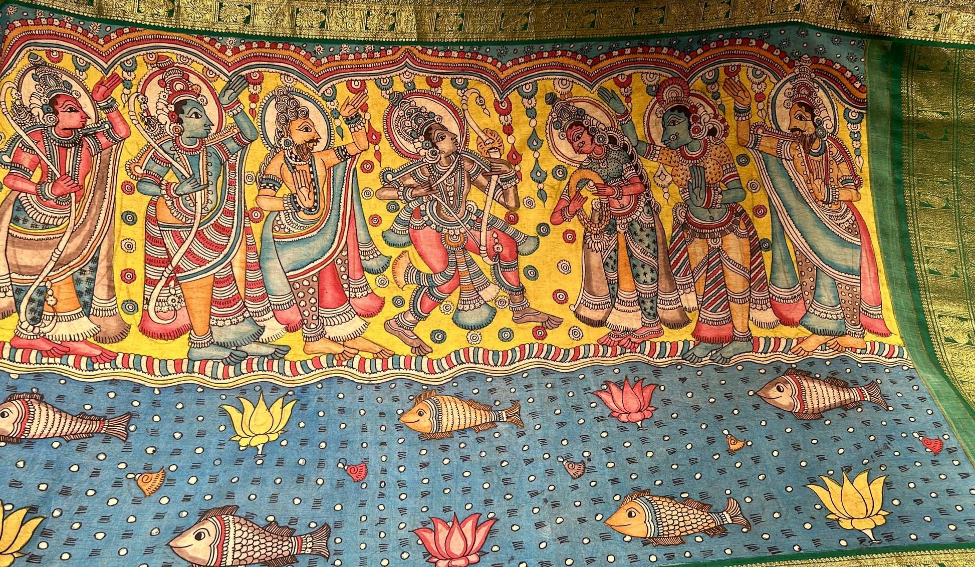Ramayan Kalamkari Kanchi Silk Saree Emerald Green Borders