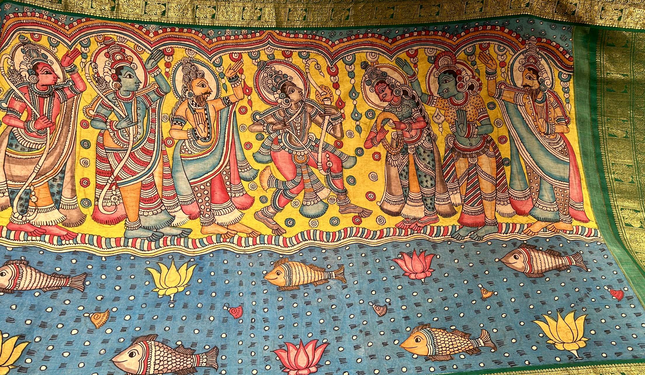 Ramayan Kalamkari Kanchi Silk Saree Emerald Green Borders