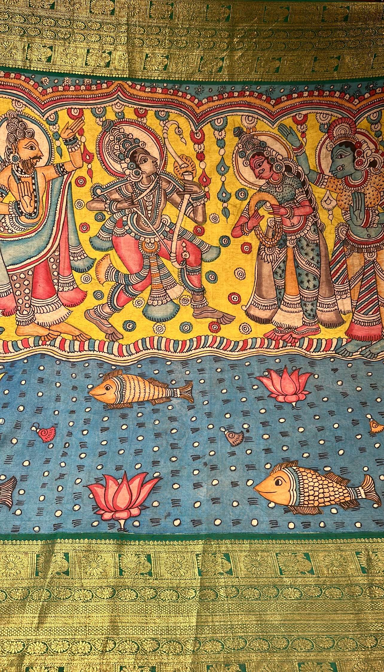 Ramayan Kalamkari Kanchi Silk Saree Emerald Green Borders