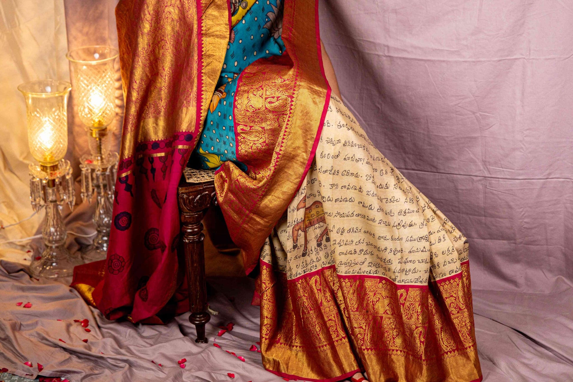 Ramayan Kalamkari Kanchi Silk Saree Emerald Green Borders