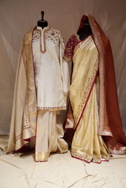 Custom Kanjeevaram Bride Saree Groom Pancha Kurta Gold Maroon Trim