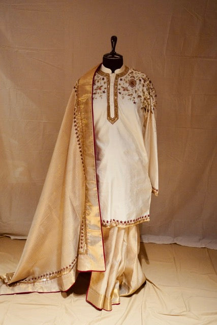 Custom Kanjeevaram Bride Saree Groom Pancha Kurta Gold Maroon Trim