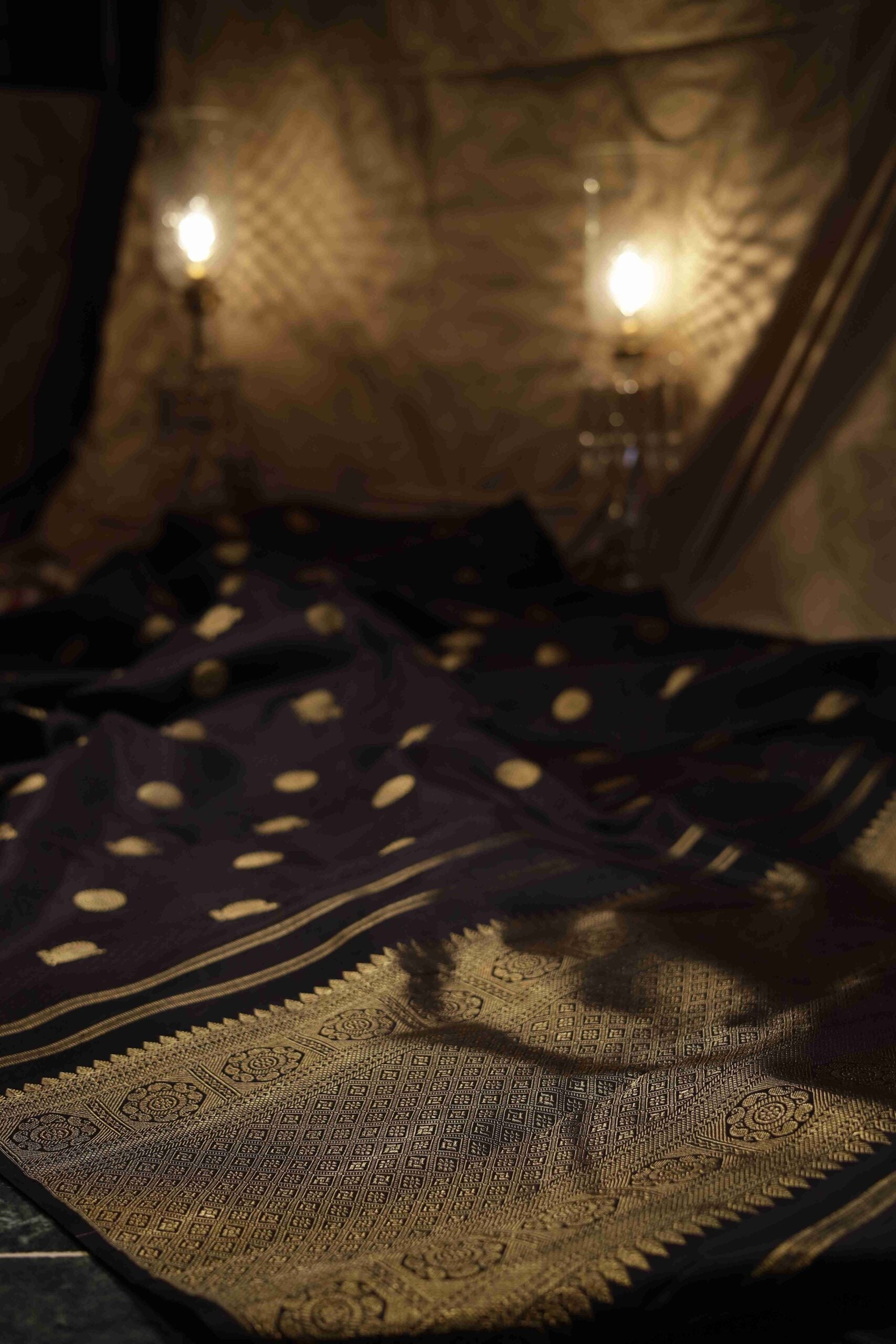 Black And Gold Peacock booti Kanchi saree