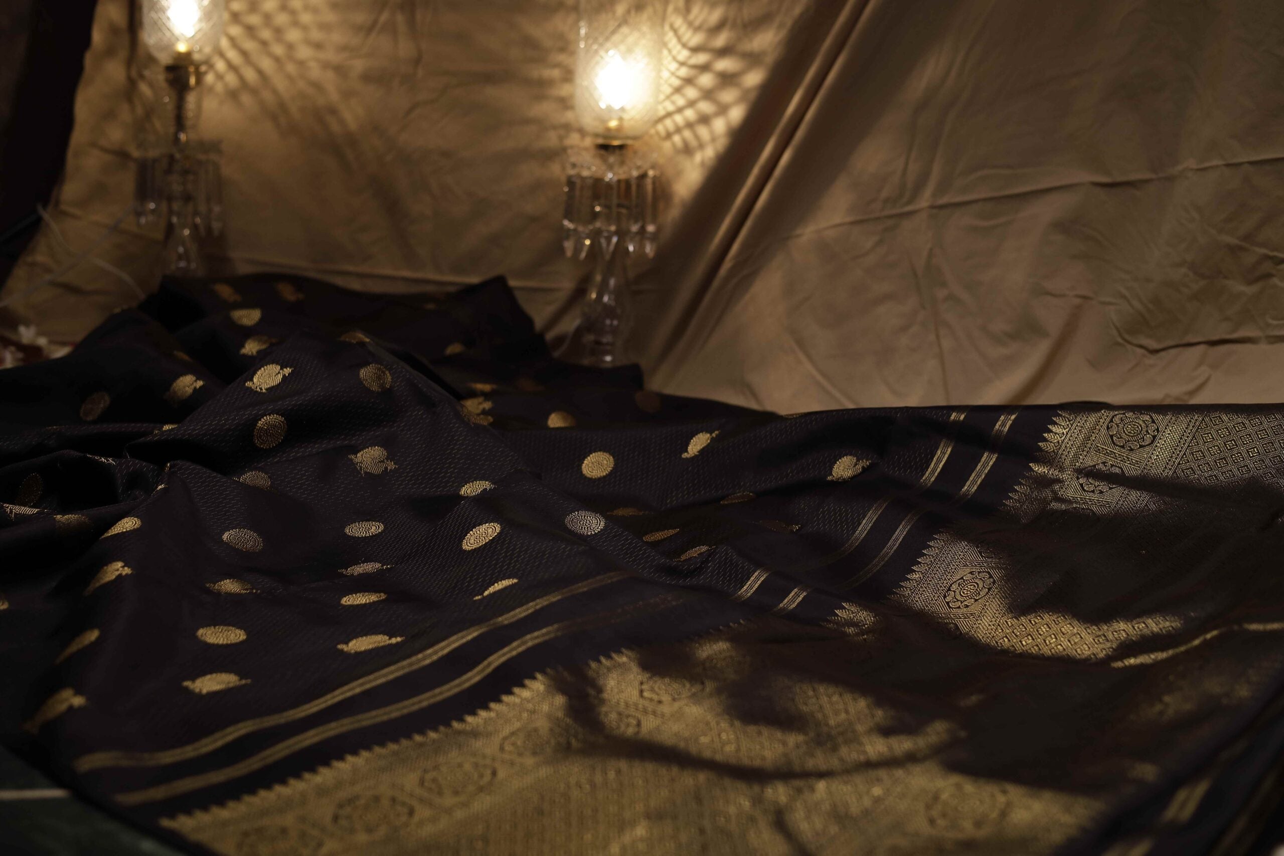 Black And Gold Peacock booti Kanchi saree