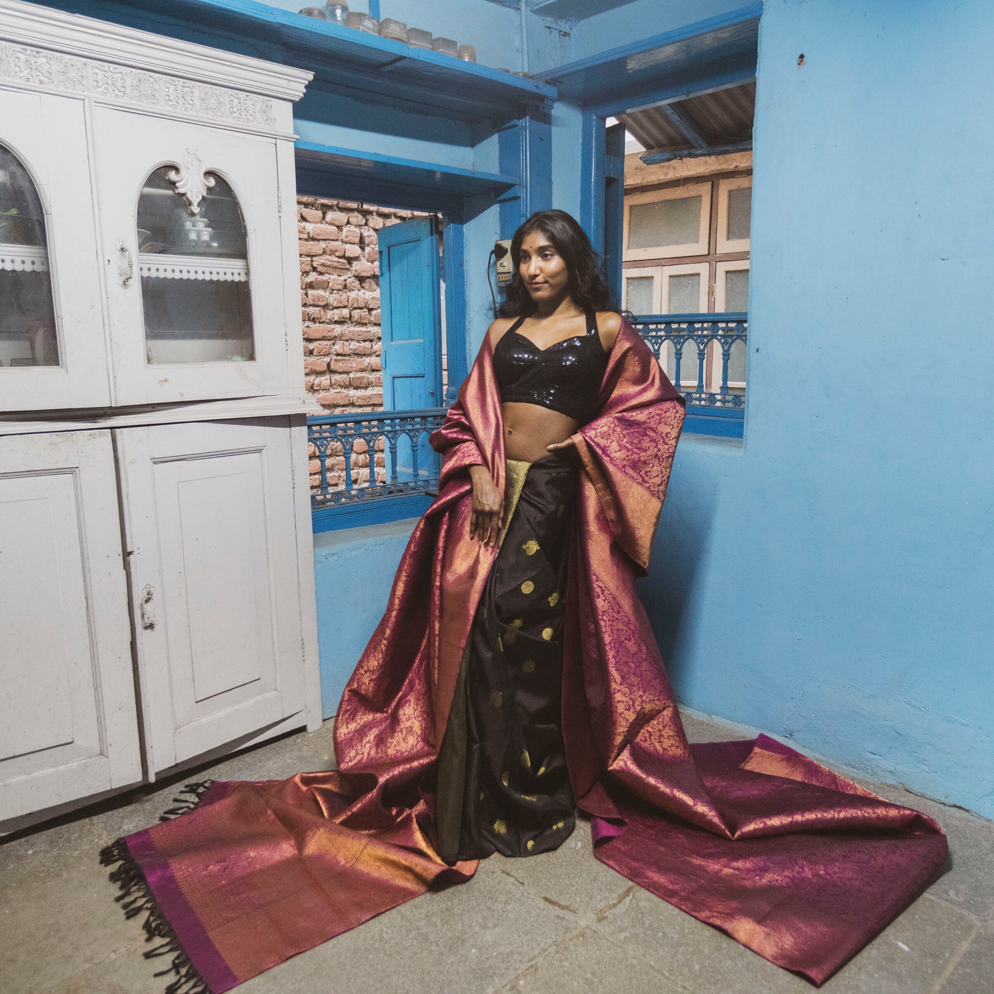 Black And Gold Peacock booti Kanchi saree