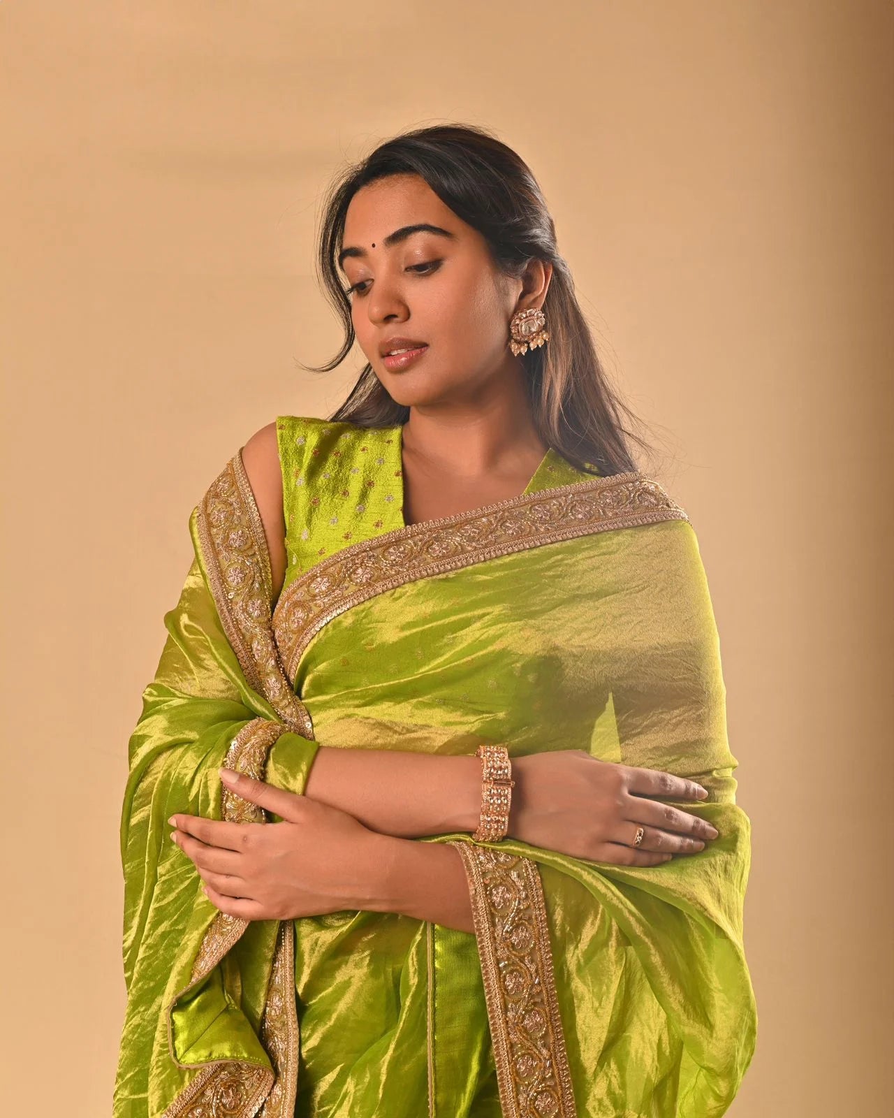 Lemonade Green Handloom Tissue Silk Saree with Handwork Borders - Handmade