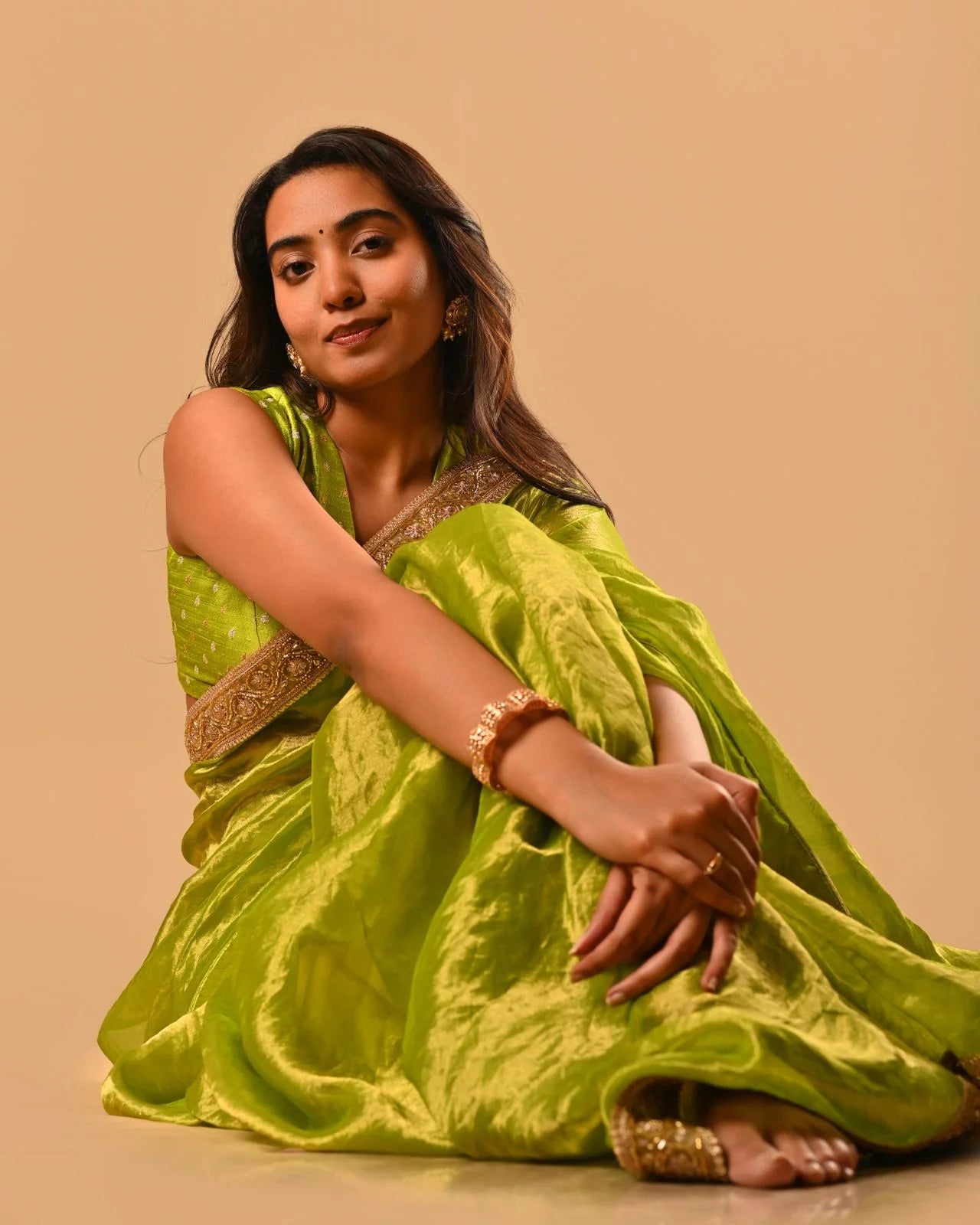 Lemonade Green Handloom Tissue Silk Saree with Handwork Borders - Handmade