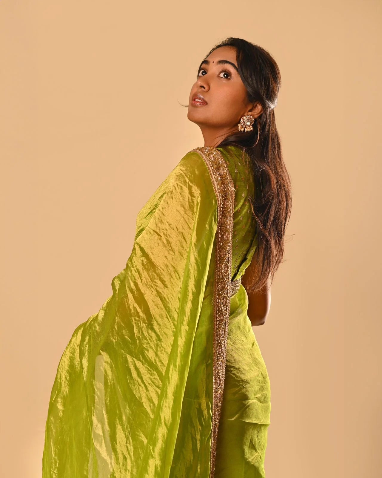 Lemonade Green Handloom Tissue Silk Saree with Handwork Borders - Handmade