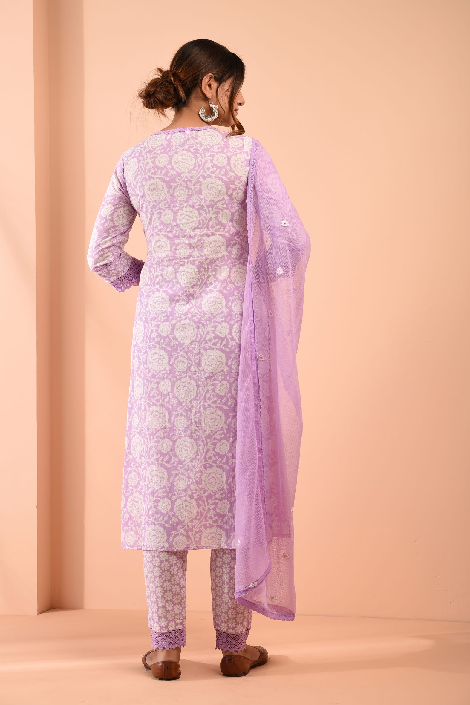 White Purple Blockprint Cotton Kurta Pant Embroidered Kota Doria