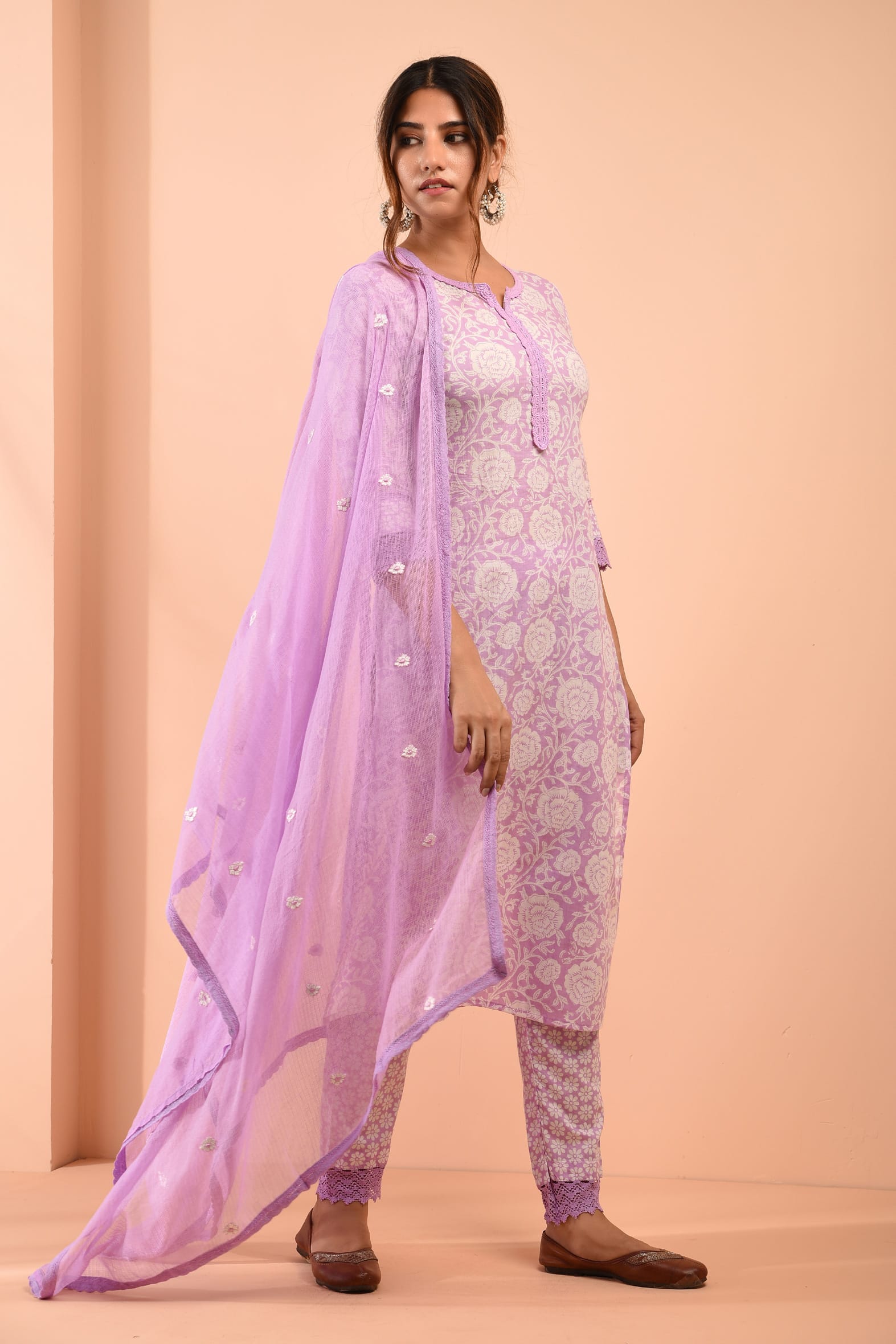 White Purple Blockprint Cotton Kurta Pant Embroidered Kota Doria