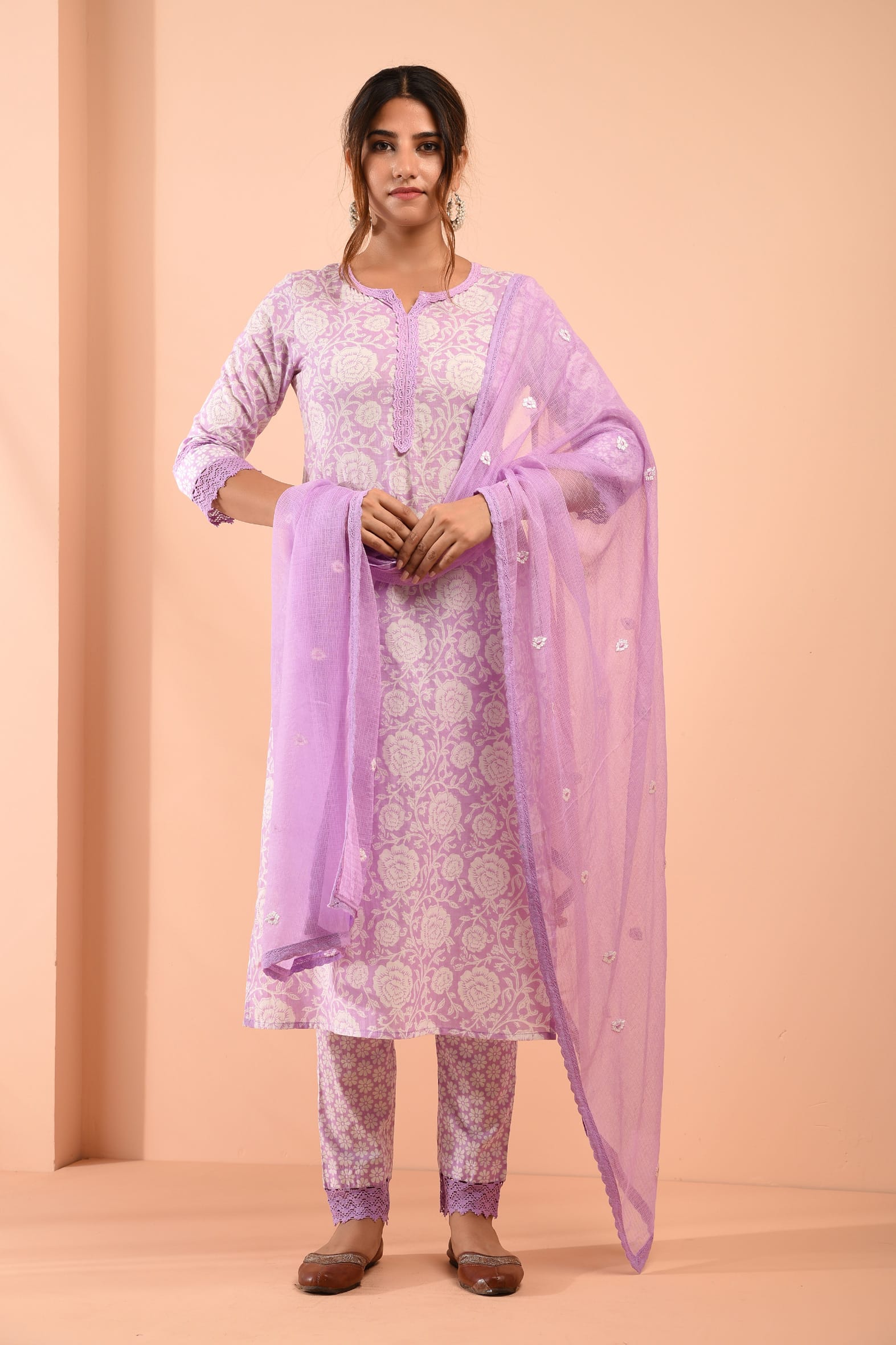 White Purple Blockprint Cotton Kurta Pant Embroidered Kota Doria