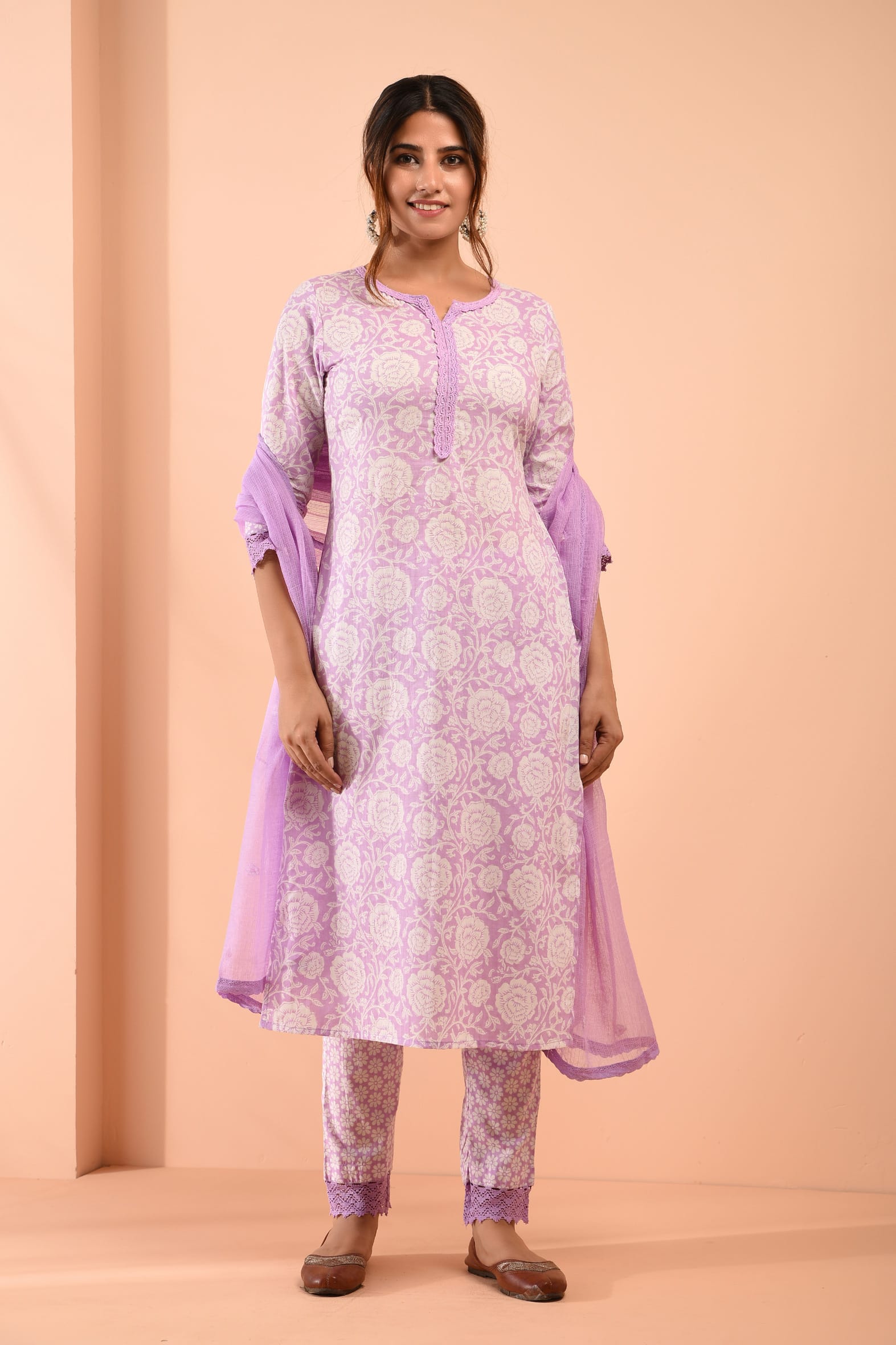 White Purple Blockprint Cotton Kurta Pant Embroidered Kota Doria