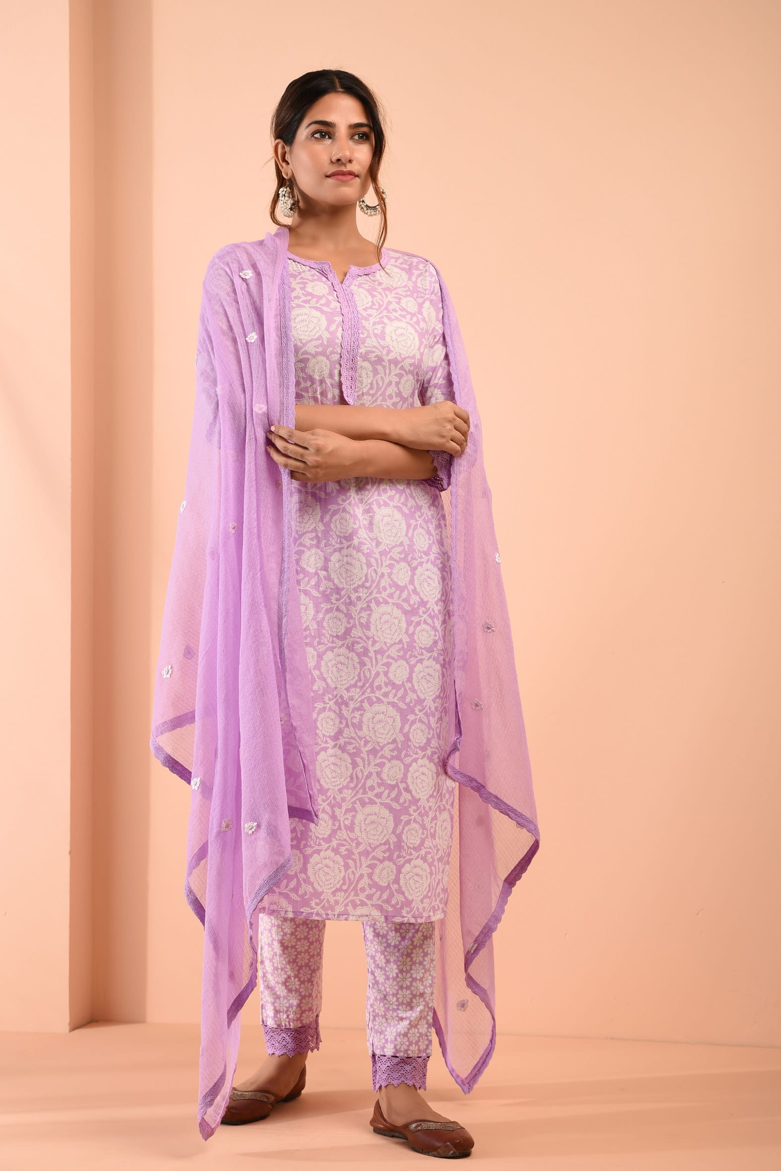 White Purple Blockprint Cotton Kurta Pant Embroidered Kota Doria