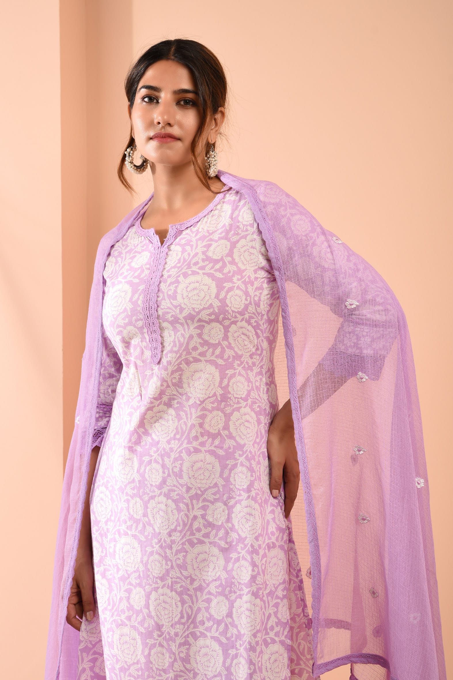 White Purple Blockprint Cotton Kurta Pant Embroidered Kota Doria