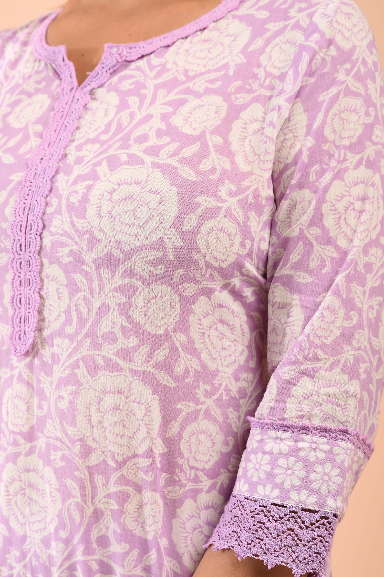 White Purple Blockprint Cotton Kurta Pant Embroidered Kota Doria