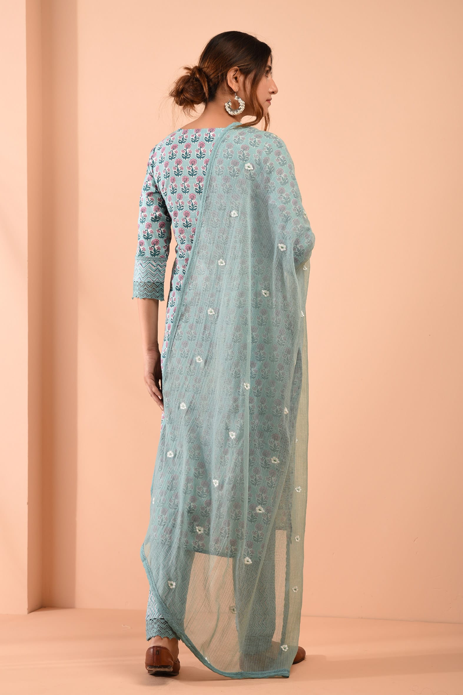 Sea Green Blockprint Cotton Kurta Pant Embroidered Kota Doria