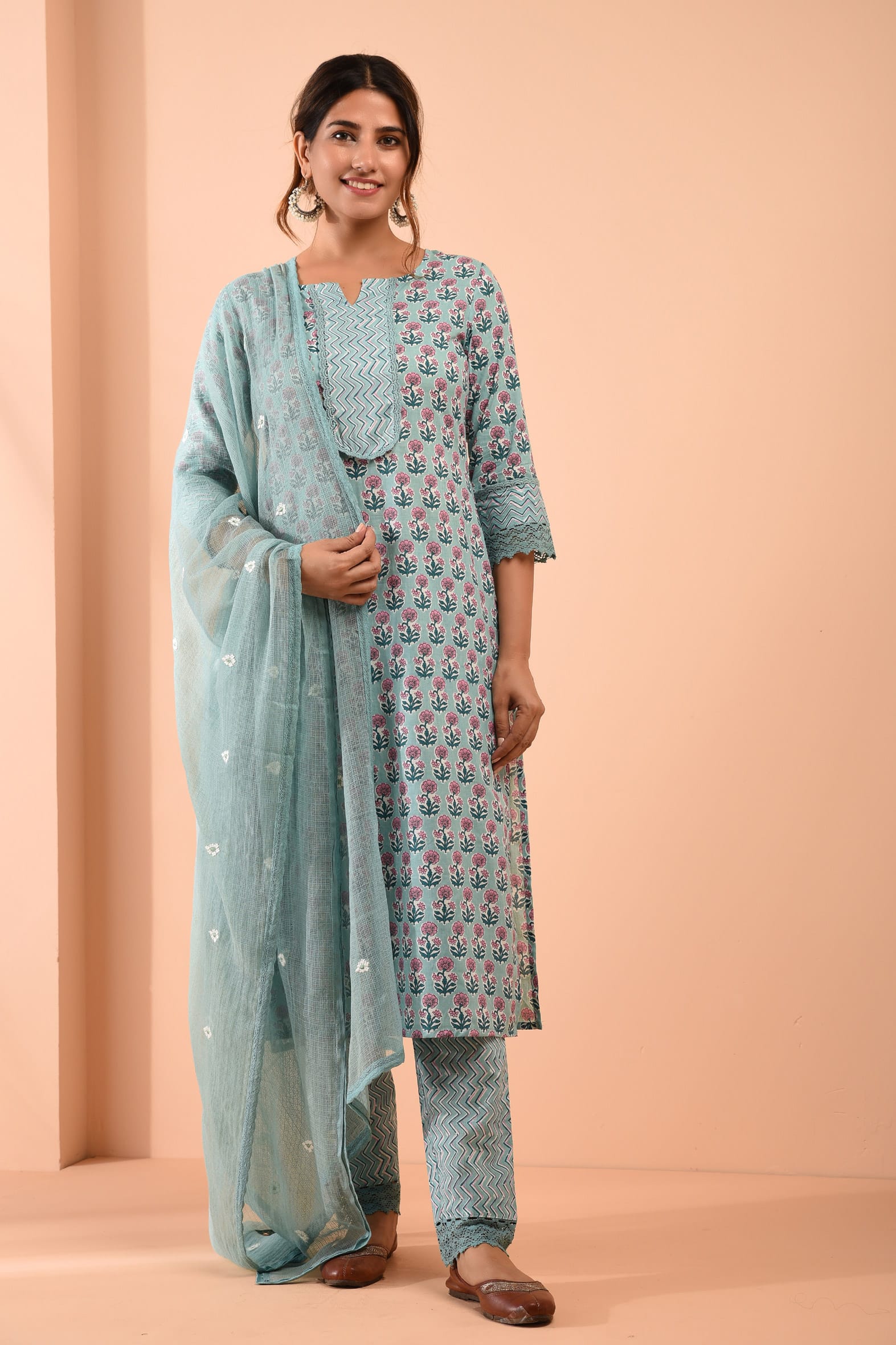 Sea Green Blockprint Cotton Kurta Pant Embroidered Kota Doria