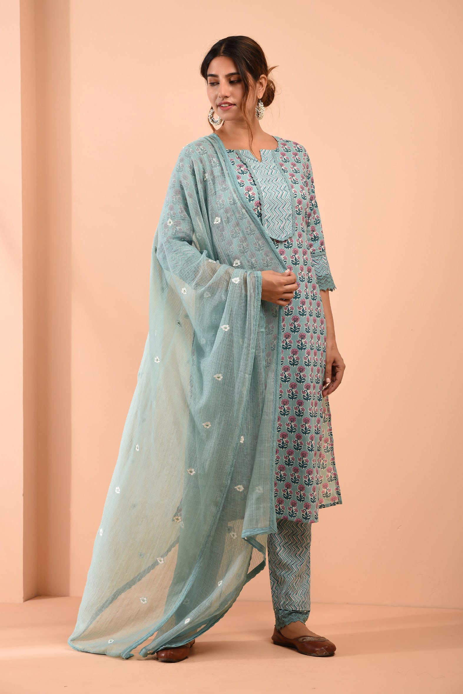 Sea Green Blockprint Cotton Kurta Pant Embroidered Kota Doria