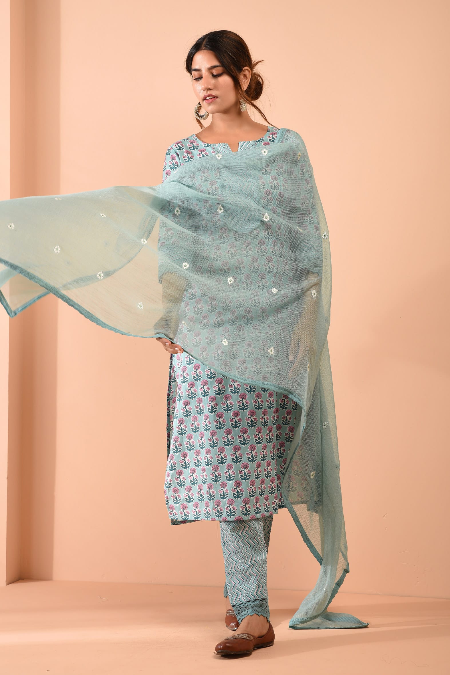 Sea Green Blockprint Cotton Kurta Pant Embroidered Kota Doria