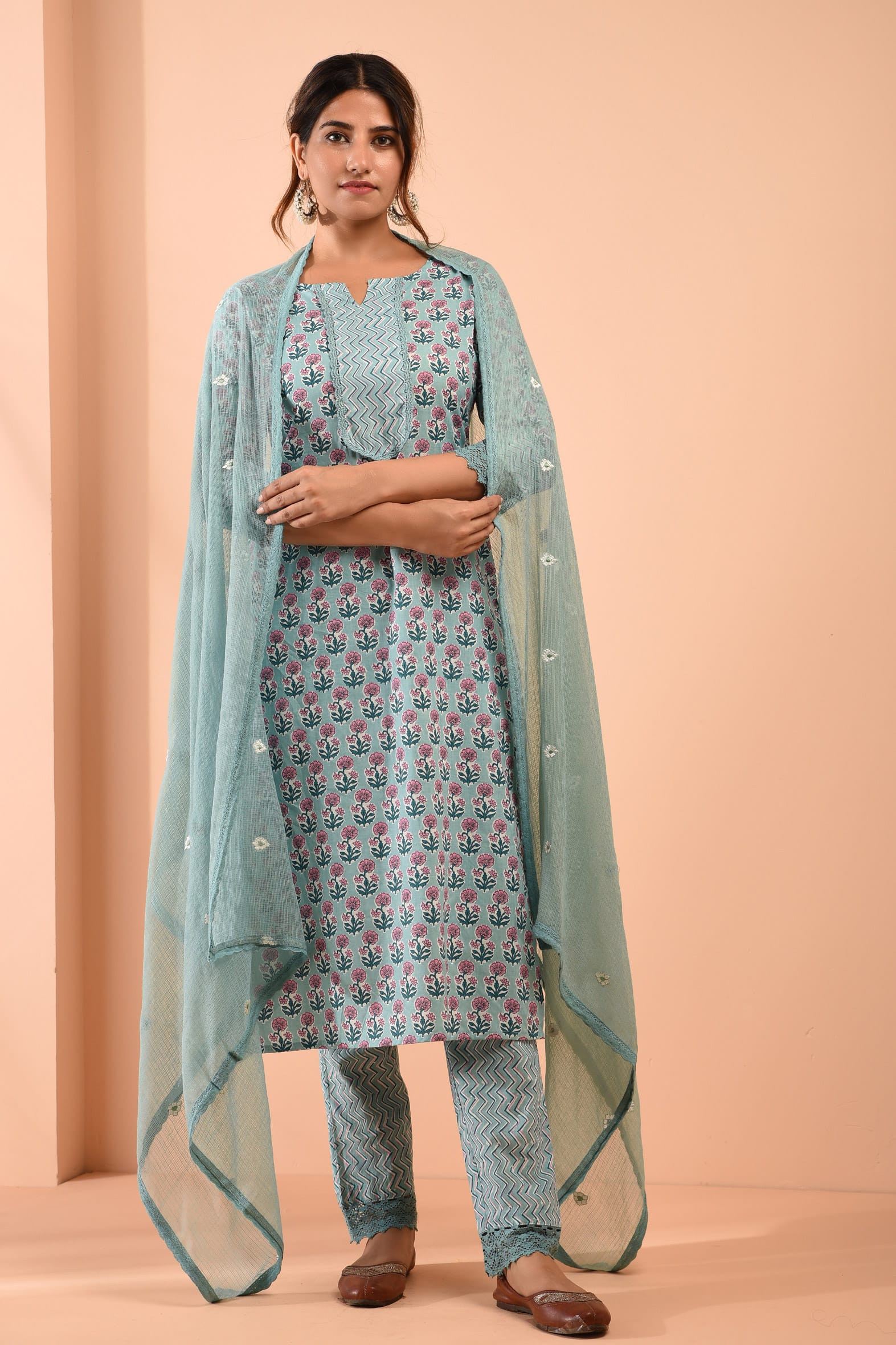 Sea Green Blockprint Cotton Kurta Pant Embroidered Kota Doria