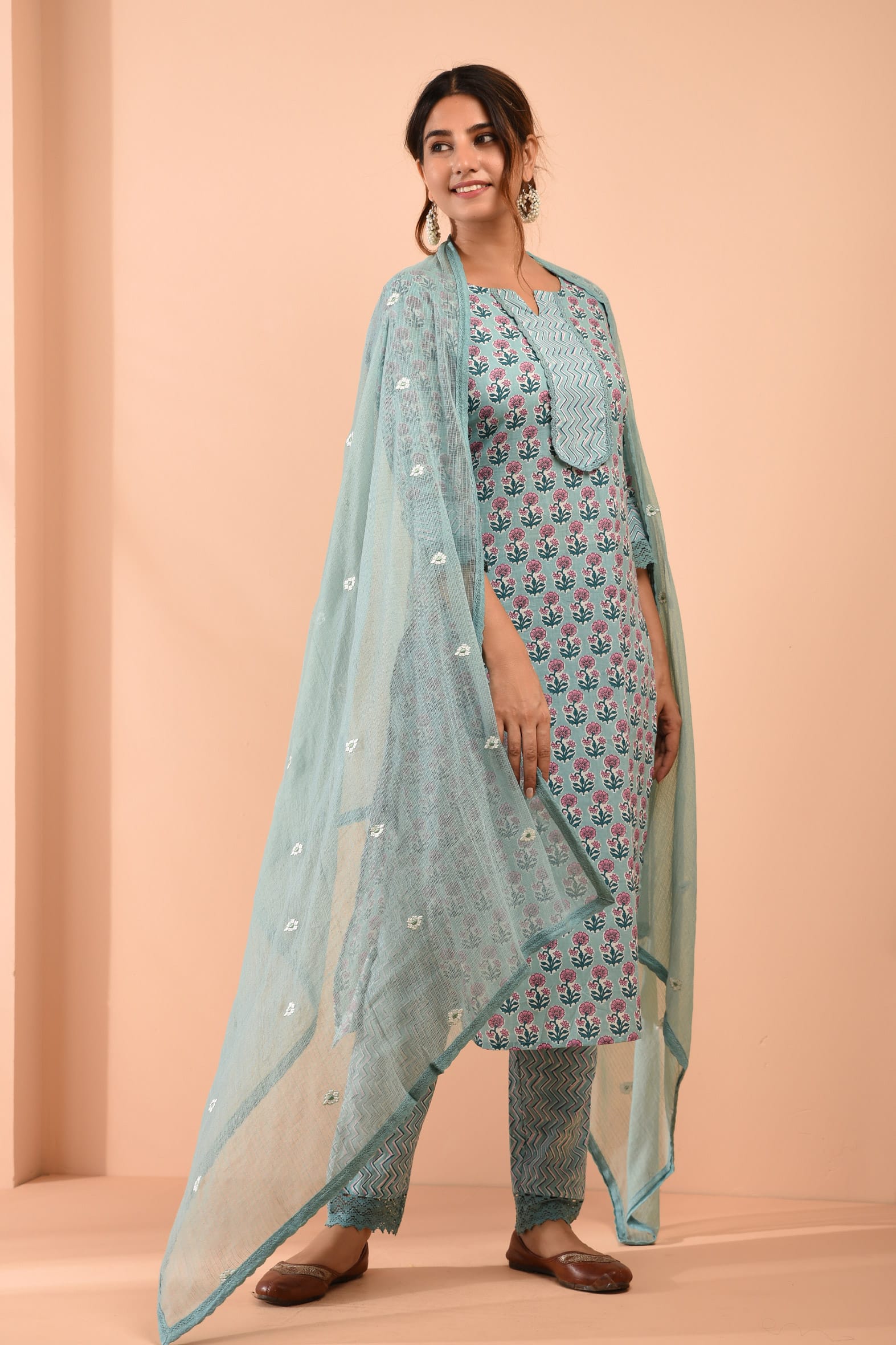 Sea Green Blockprint Cotton Kurta Pant Embroidered Kota Doria