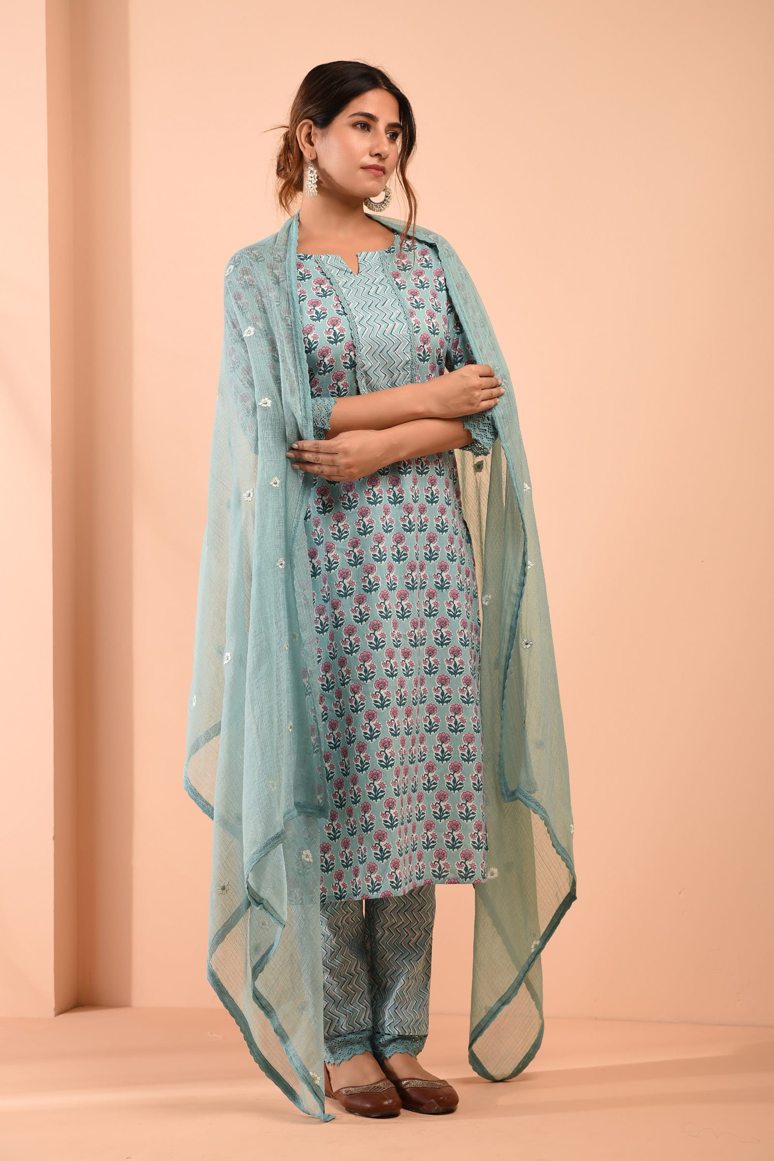 Sea Green Blockprint Cotton Kurta Pant Embroidered Kota Doria